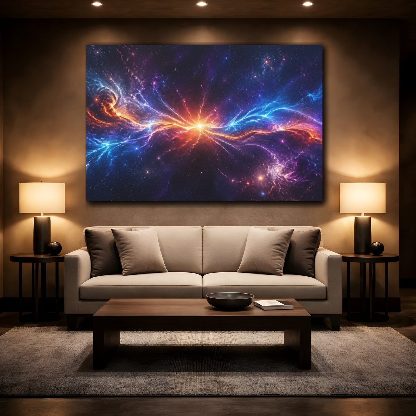Mockup 2. Science Fiction Cosmic Nebula Vibrant Space shown as stretched canvas wall art