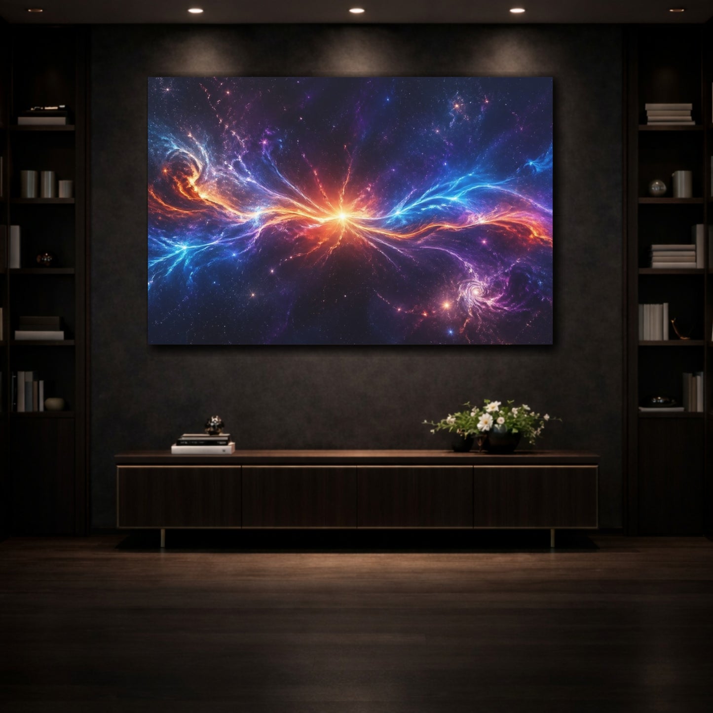 Mockup 3. Science Fiction Cosmic Nebula Vibrant Space shown as stretched canvas wall art