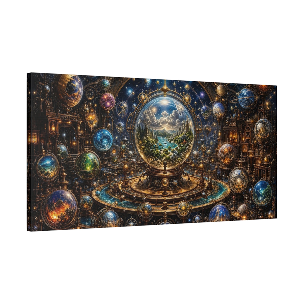 Main Mockup. Science Fiction Cosmic Orrery Steampunk Cosmology shown as stretched canvas wall art