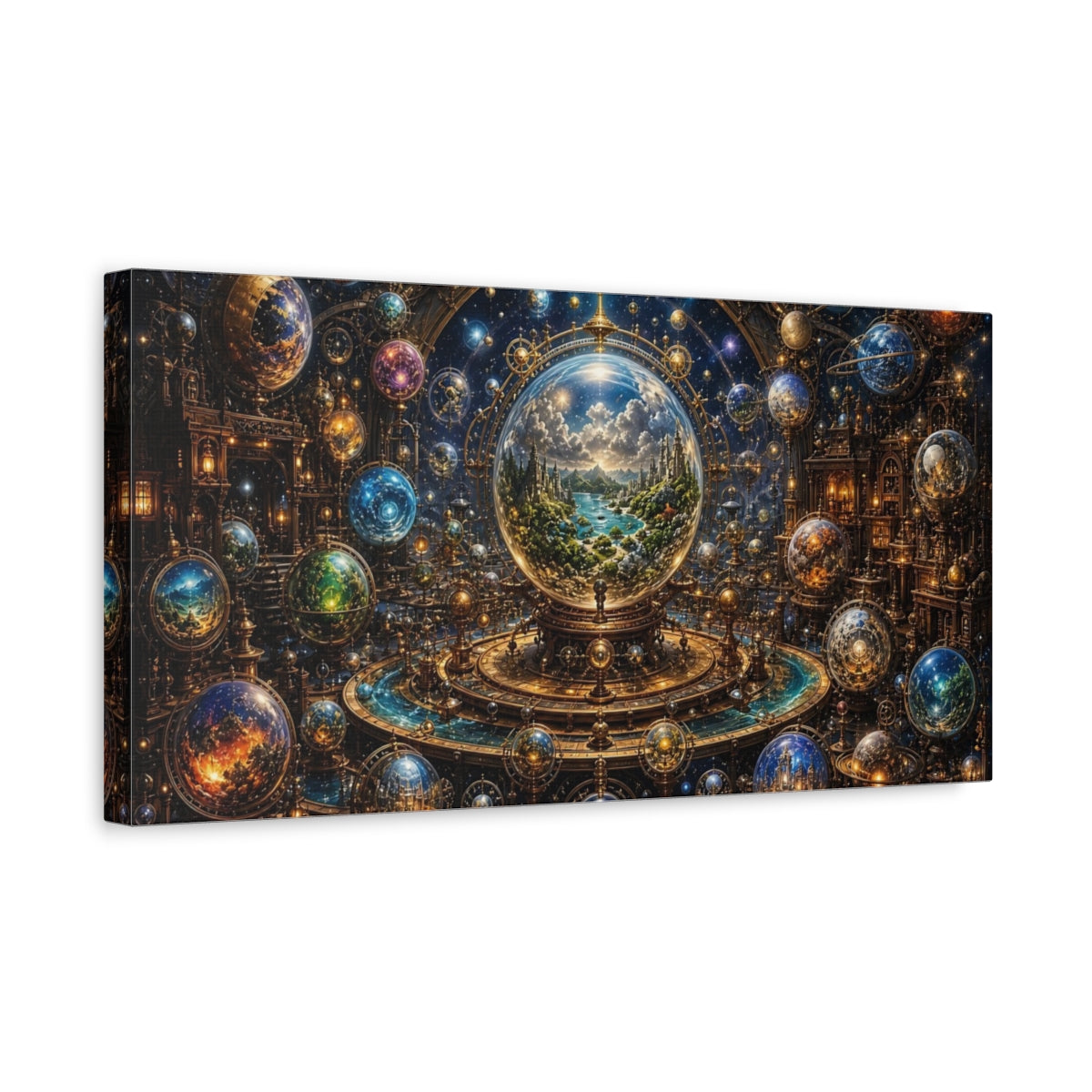 Side Mockup 3. Science Fiction Cosmic Orrery Steampunk Cosmology shown as stretched canvas wall art