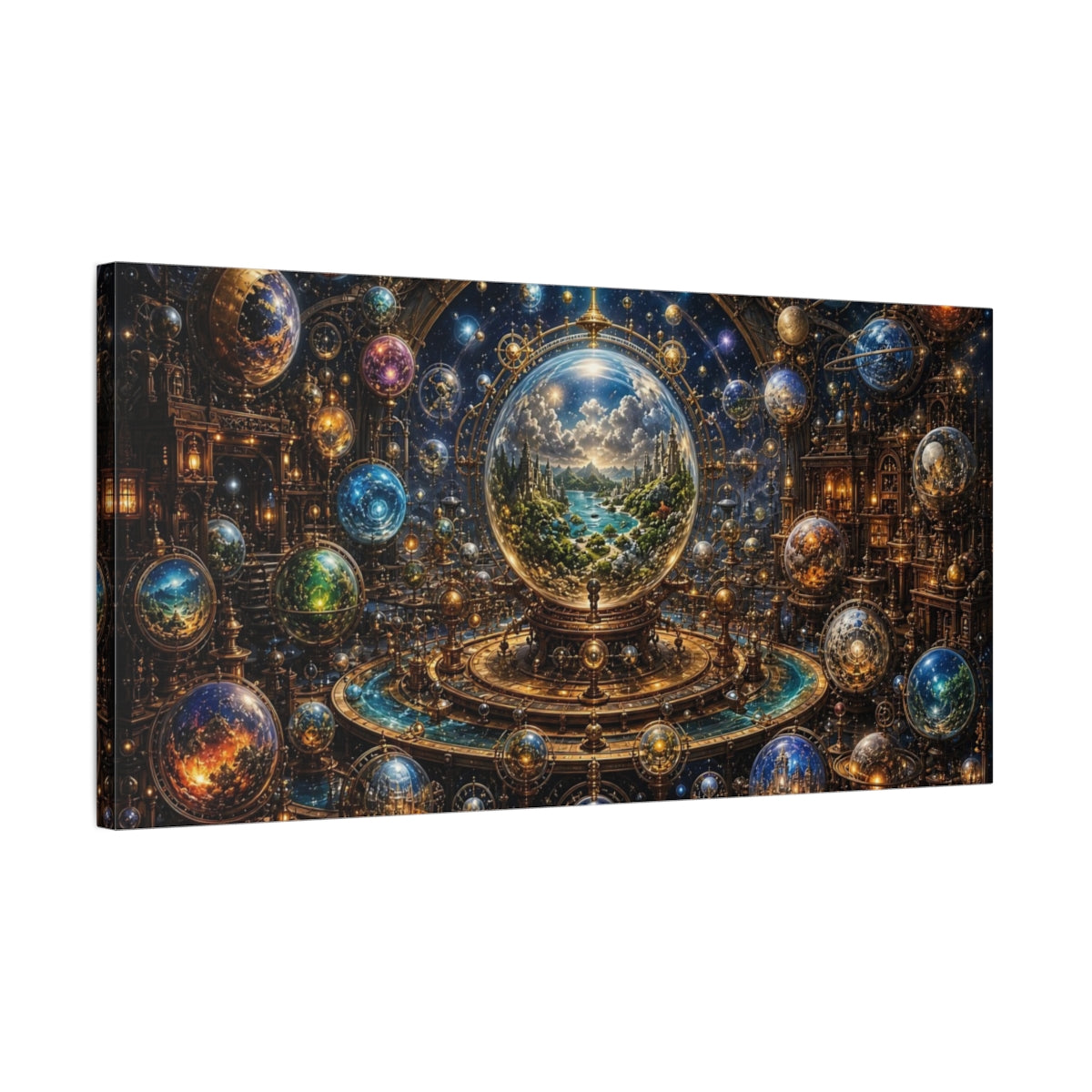 Side Mockup 1. Science Fiction Cosmic Orrery Steampunk Cosmology shown as stretched canvas wall art