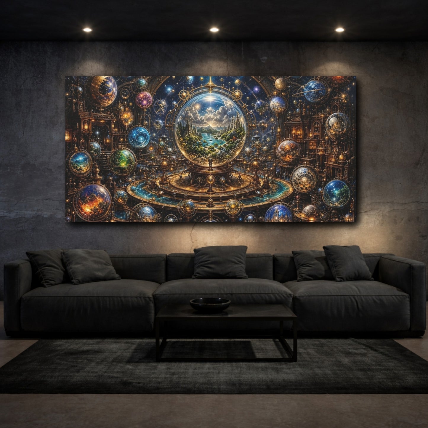 Mockup 2. Science Fiction Cosmic Orrery Steampunk Cosmology shown as stretched canvas wall art
