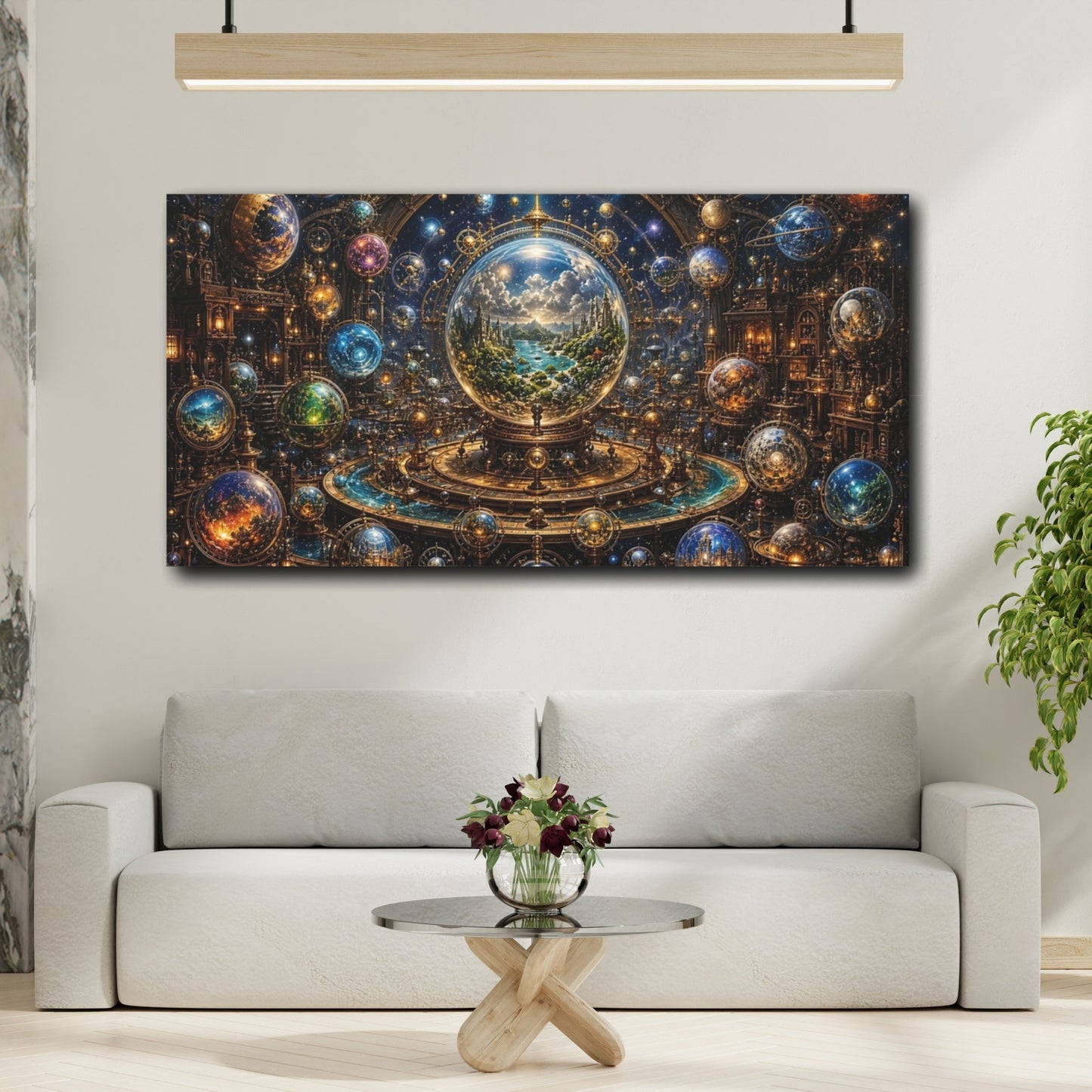Mockup 3. Science Fiction Cosmic Orrery Steampunk Cosmology shown as stretched canvas wall art