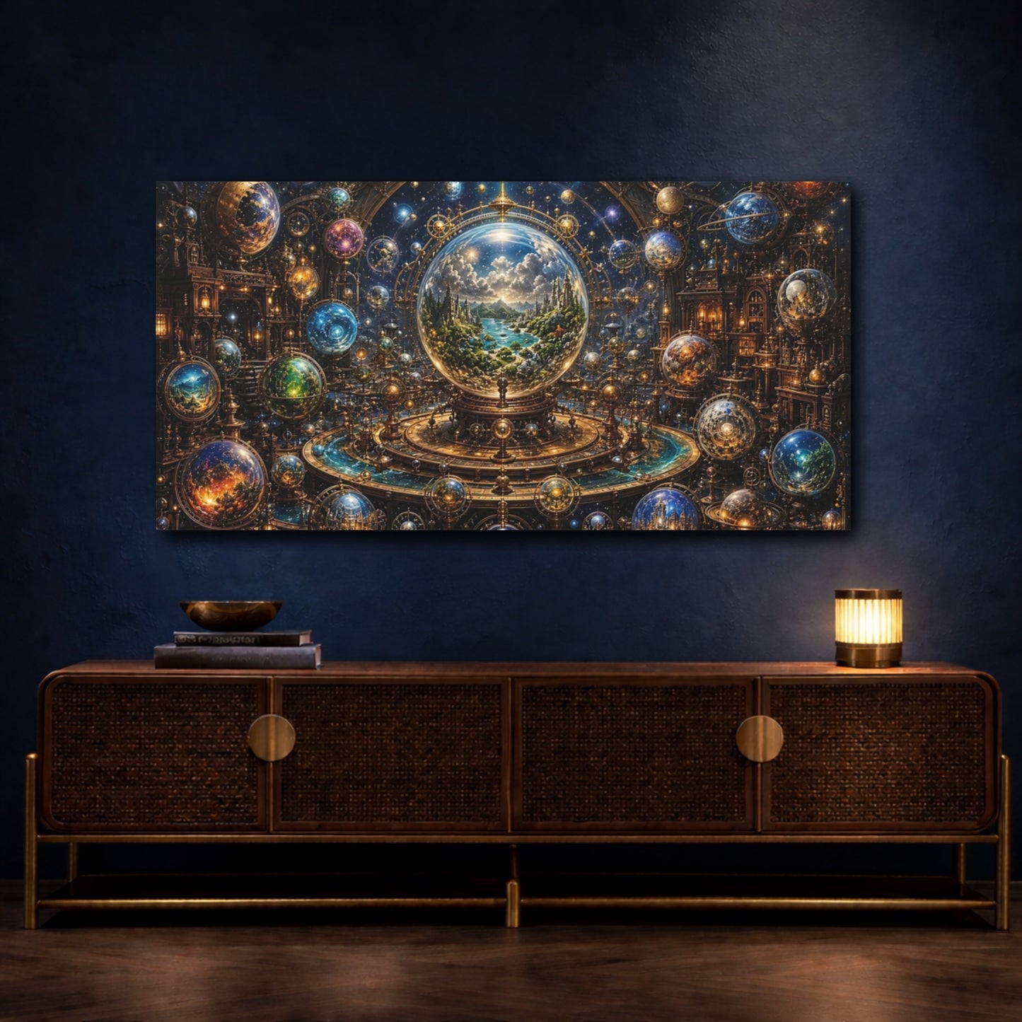 Mockup 4. Science Fiction Cosmic Orrery Steampunk Cosmology shown as stretched canvas wall art