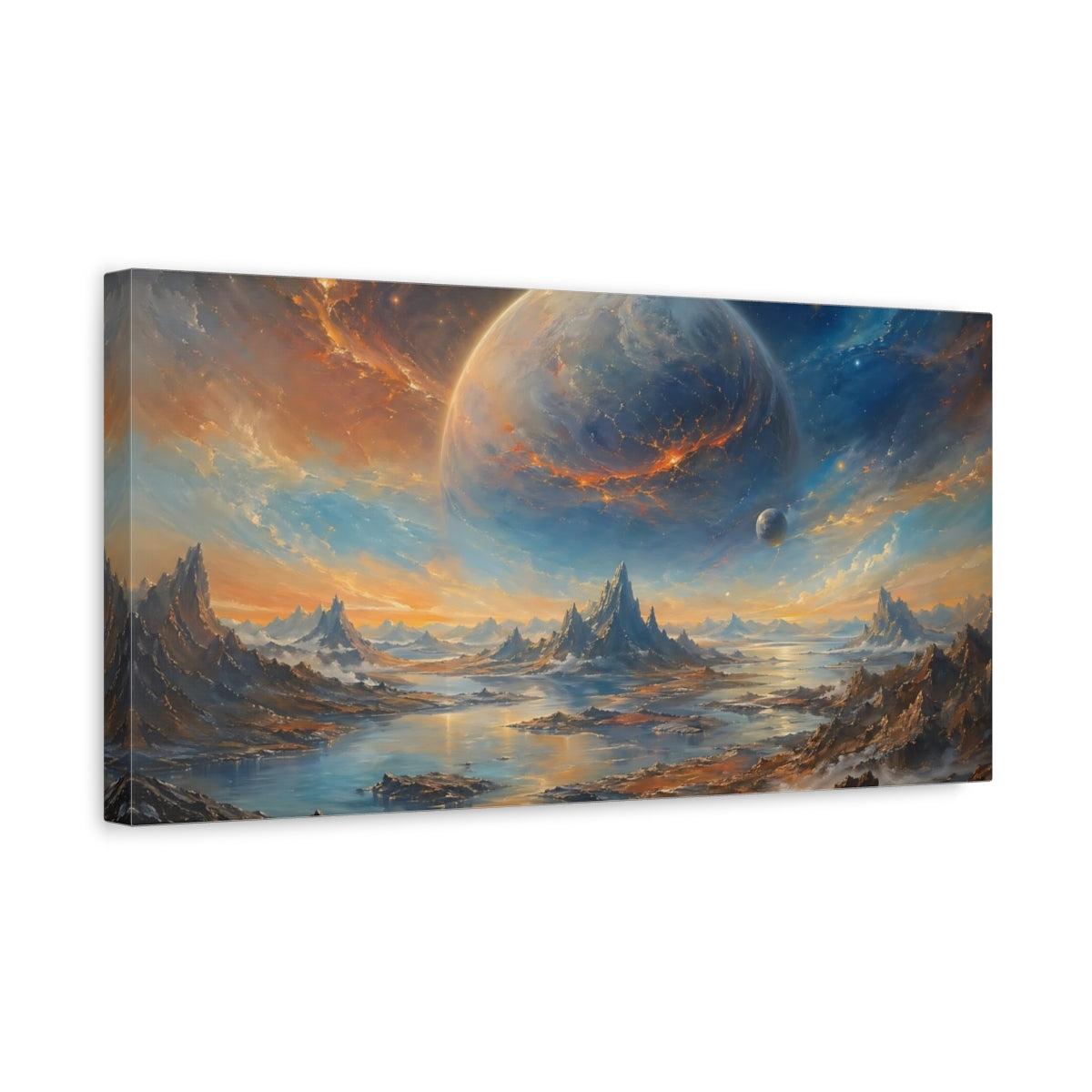 Side Mockup 3. Science Fiction Cosmic Planet Orange Blue Space shown as stretched canvas wall art