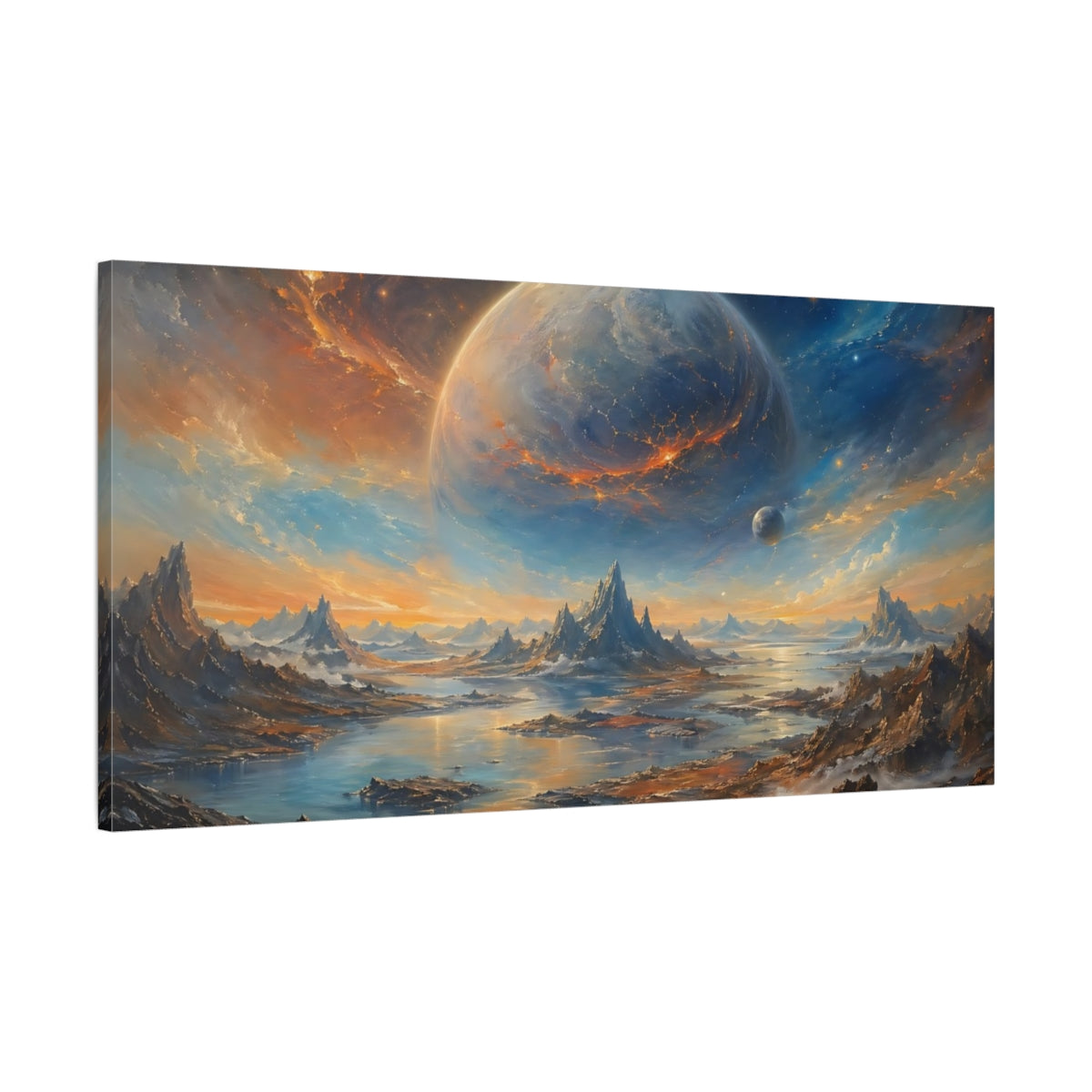 Main Mockup. Science Fiction Cosmic Planet Orange Blue Space shown as stretched canvas wall art