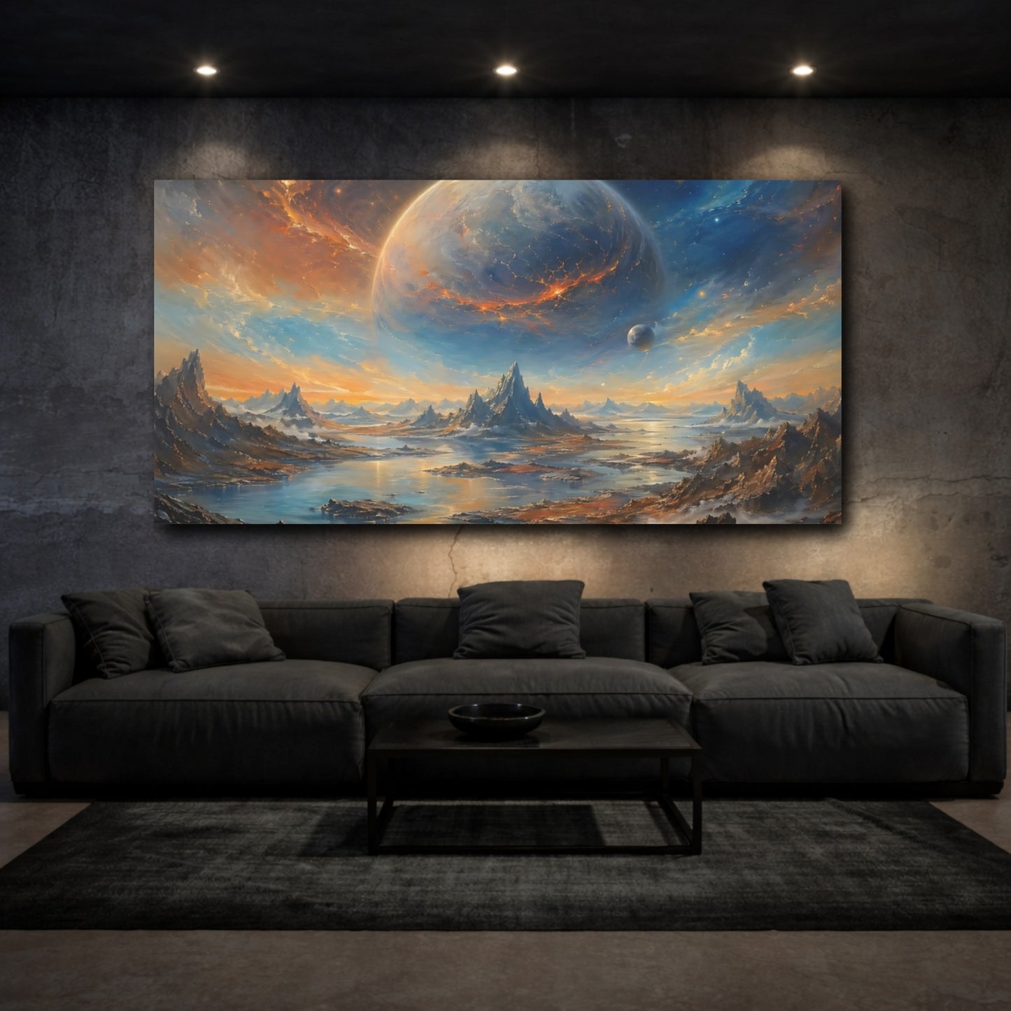 Mockup 2. Science Fiction Cosmic Planet Orange Blue Space shown as stretched canvas wall art