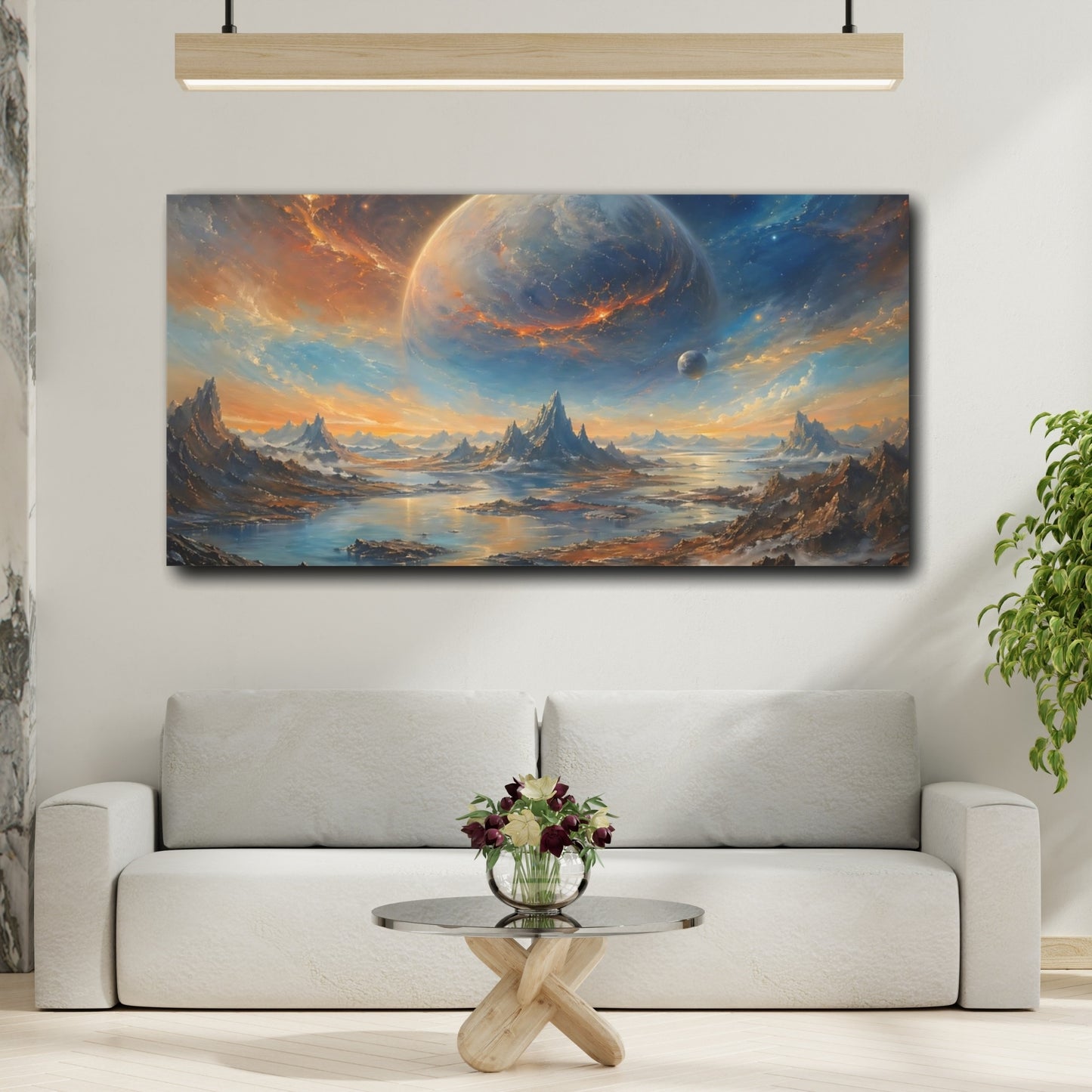 Mockup 3. Science Fiction Cosmic Planet Orange Blue Space shown as stretched canvas wall art