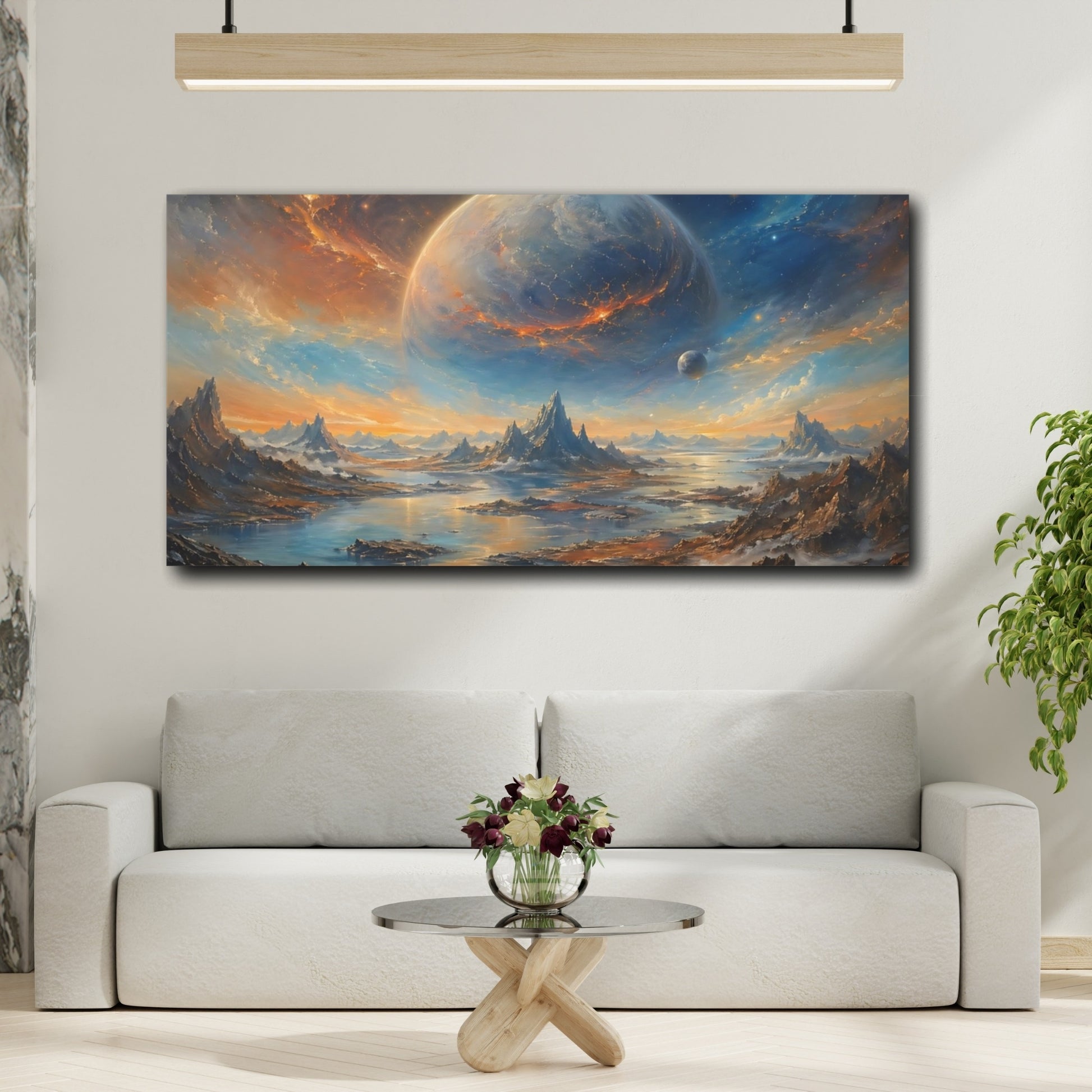 Mockup 3. Science Fiction Cosmic Planet Orange Blue Space shown as stretched canvas wall art