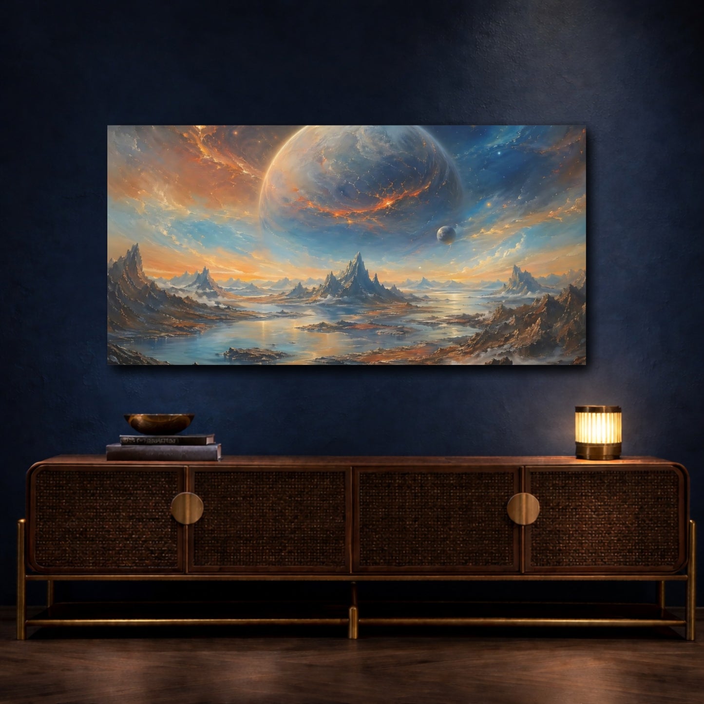 Mockup 4. Science Fiction Cosmic Planet Orange Blue Space shown as stretched canvas wall art