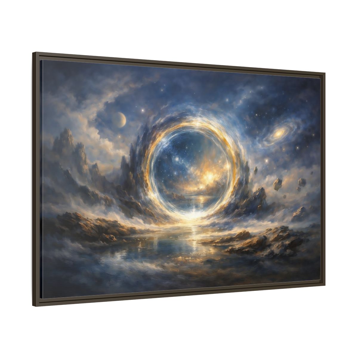 Main Mockup. Science Fiction Cosmic Portal Blue Gold Cosmic Portal shown as stretched canvas wall art
