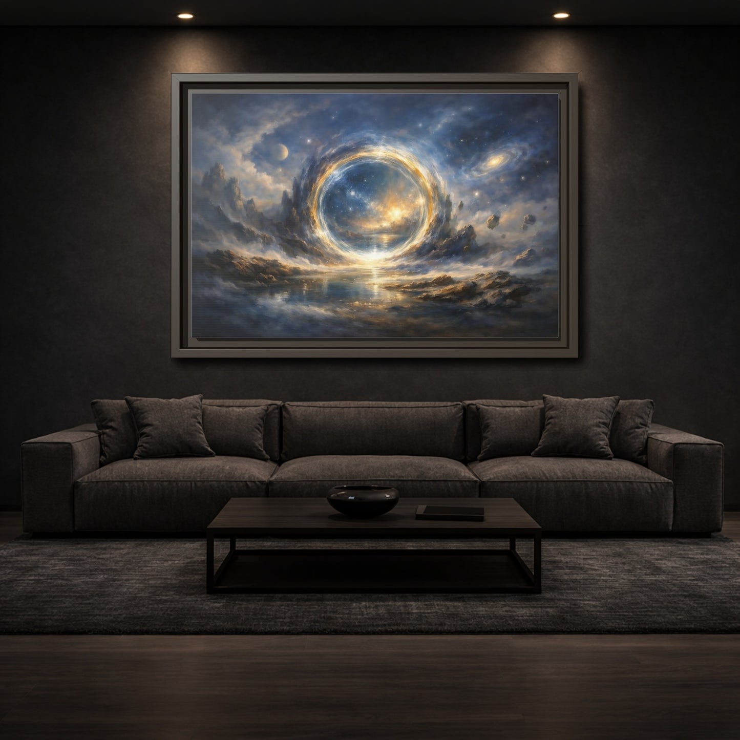 Mockup 2. Science Fiction Cosmic Portal Blue Gold Cosmic Portal shown as stretched canvas wall art