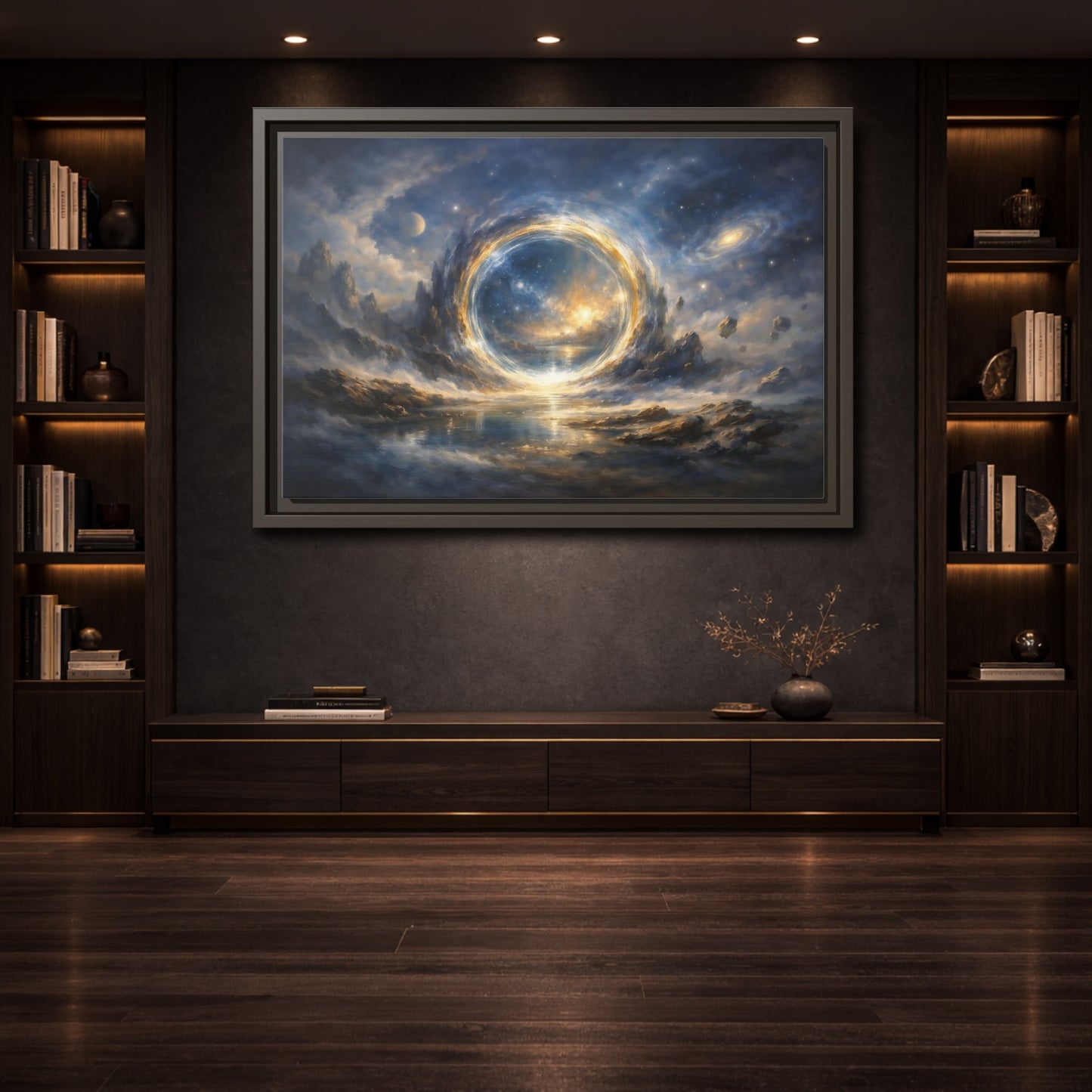 Mockup 3. Science Fiction Cosmic Portal Blue Gold Cosmic Portal shown as stretched canvas wall art
