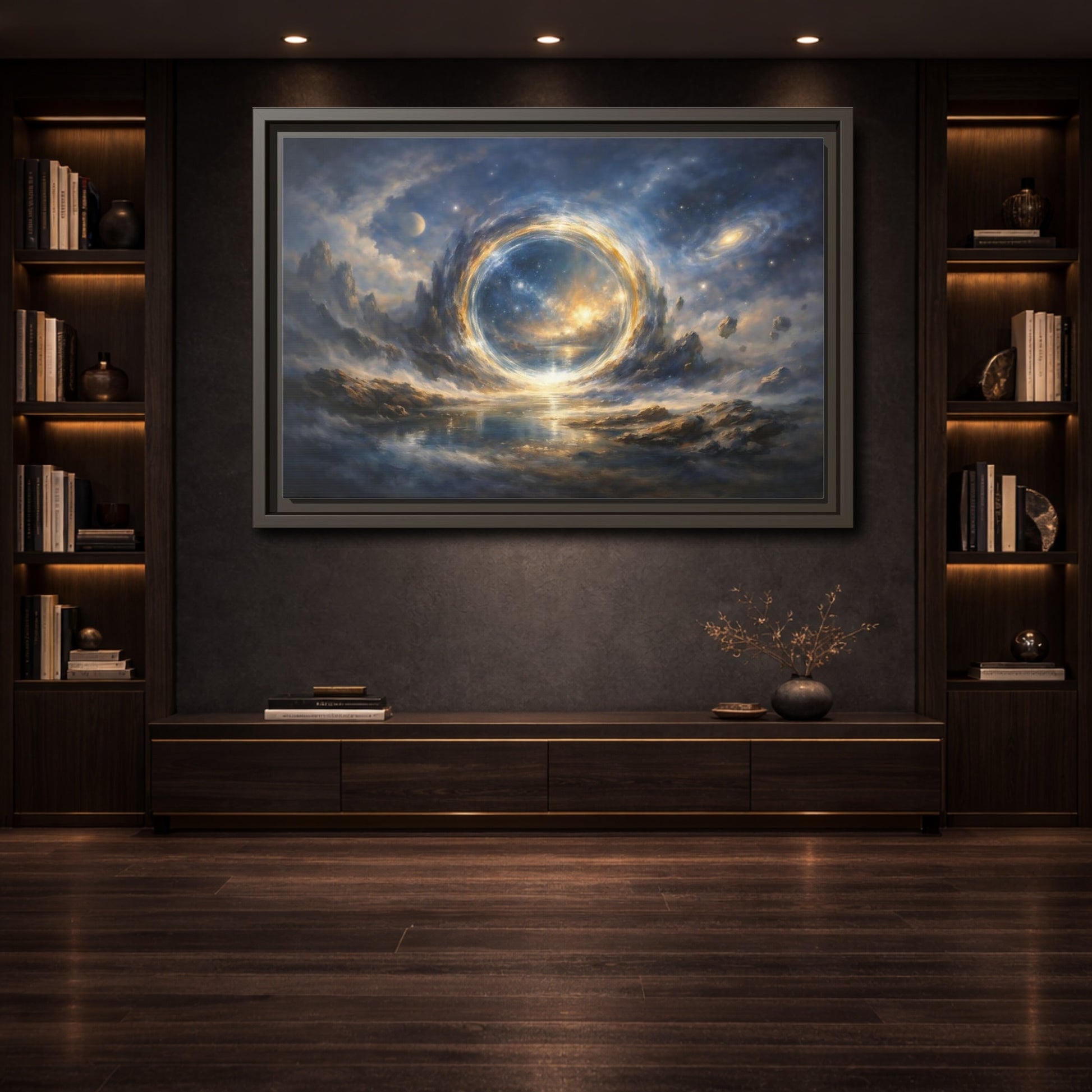 Mockup 3. Science Fiction Cosmic Portal Blue Gold Cosmic Portal shown as stretched canvas wall art