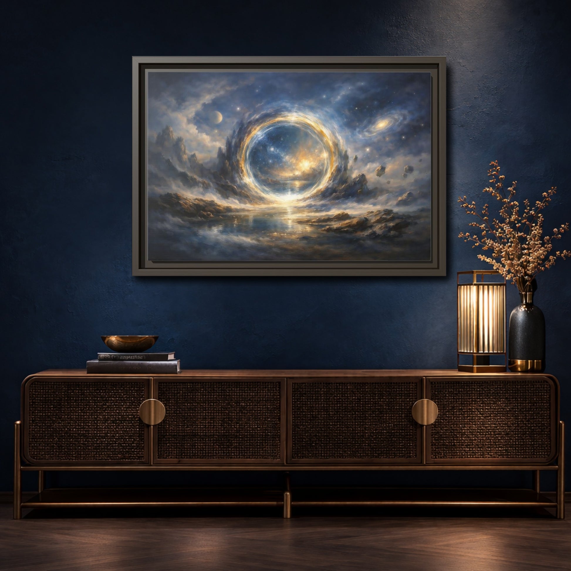 Mockup 4. Science Fiction Cosmic Portal Blue Gold Cosmic Portal shown as stretched canvas wall art