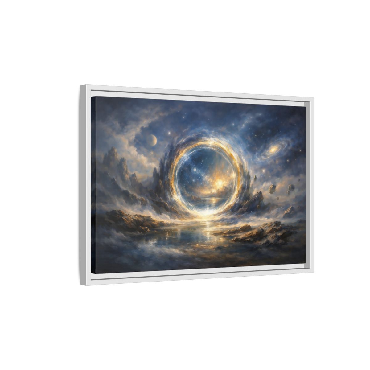 Side Mockup 1. Science Fiction Cosmic Portal Blue Gold Cosmic Portal shown as stretched canvas wall art
