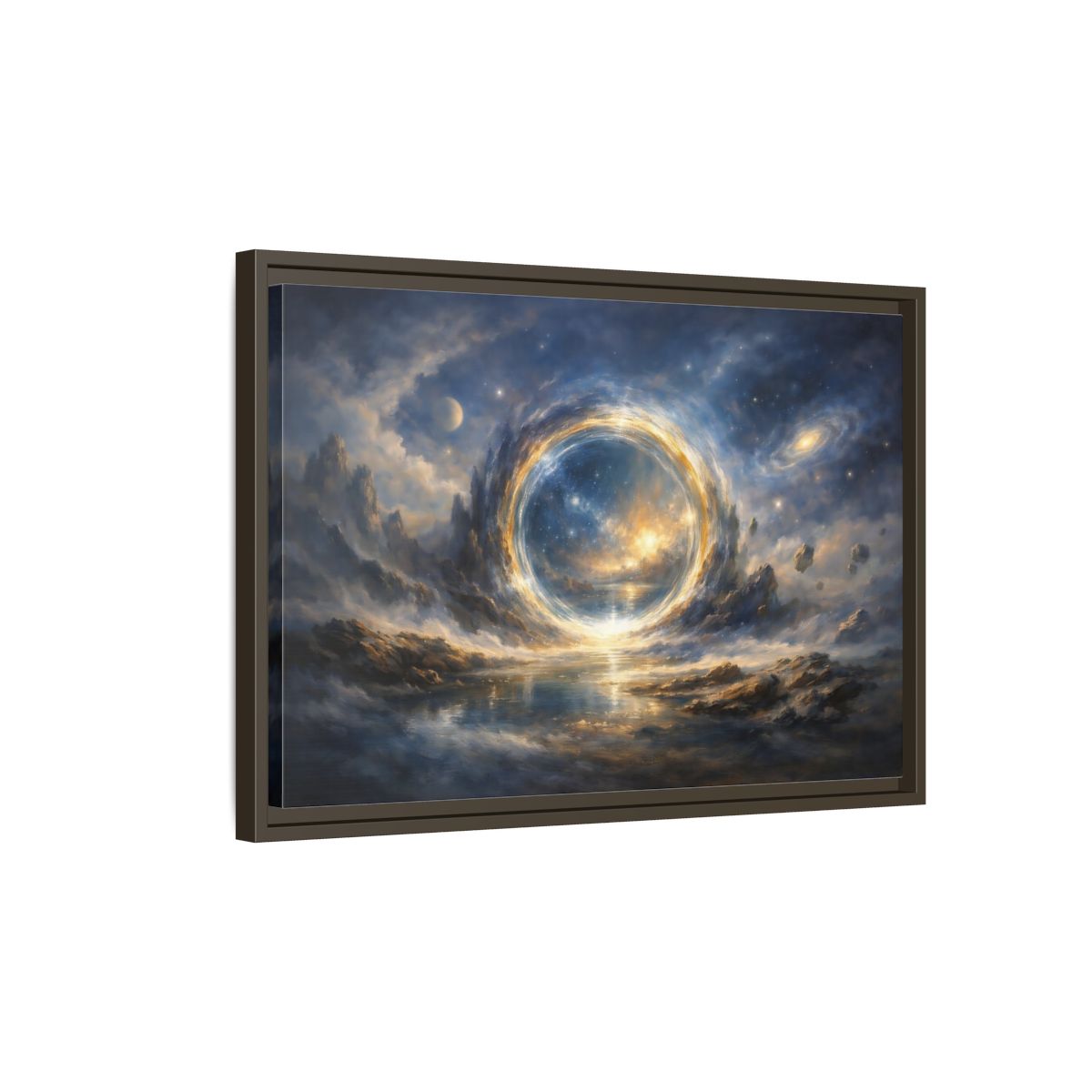 Side Mockup 2. Science Fiction Cosmic Portal Blue Gold Cosmic Portal shown as stretched canvas wall art