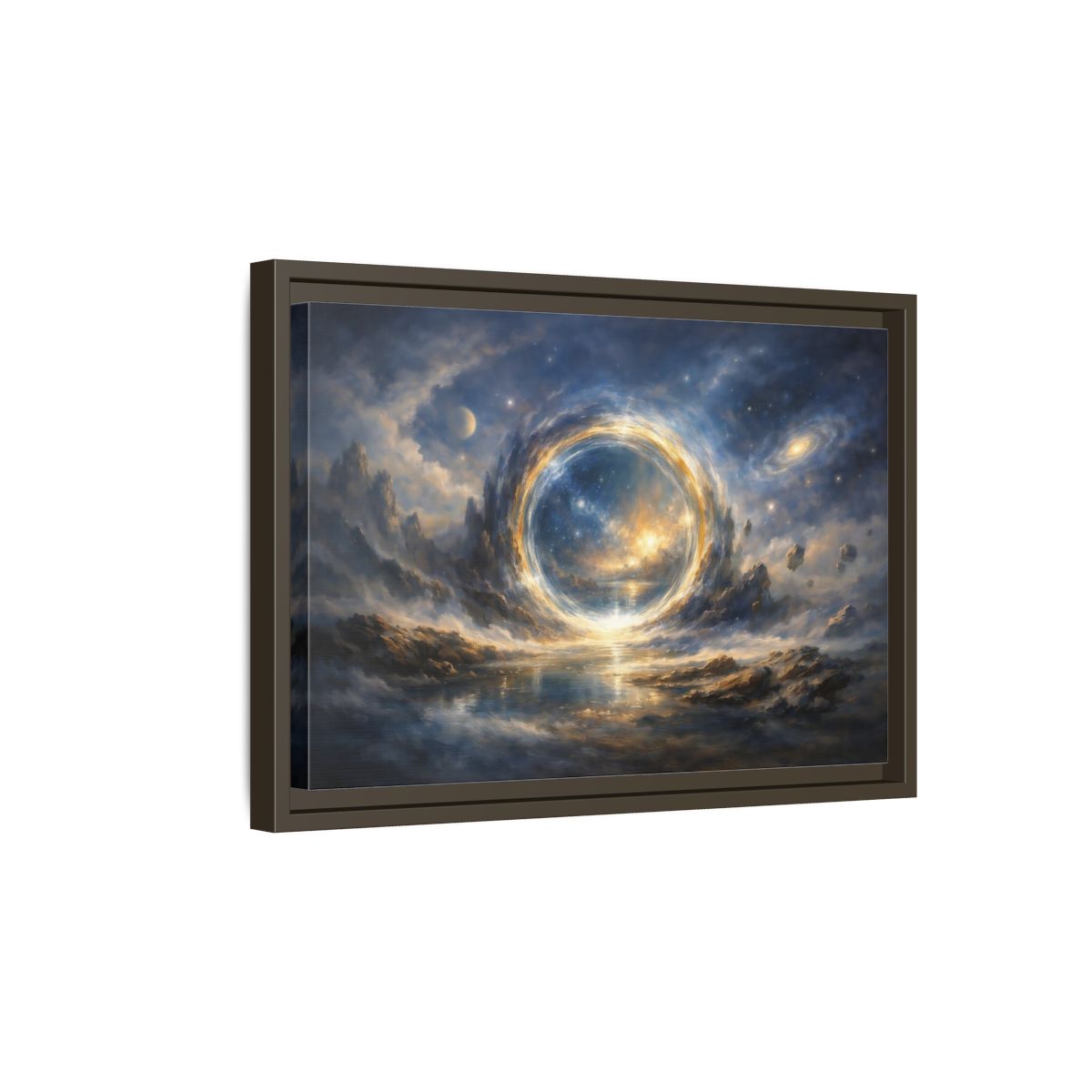 Side Mockup 5. Science Fiction Cosmic Portal Blue Gold Cosmic Portal shown as stretched canvas wall art