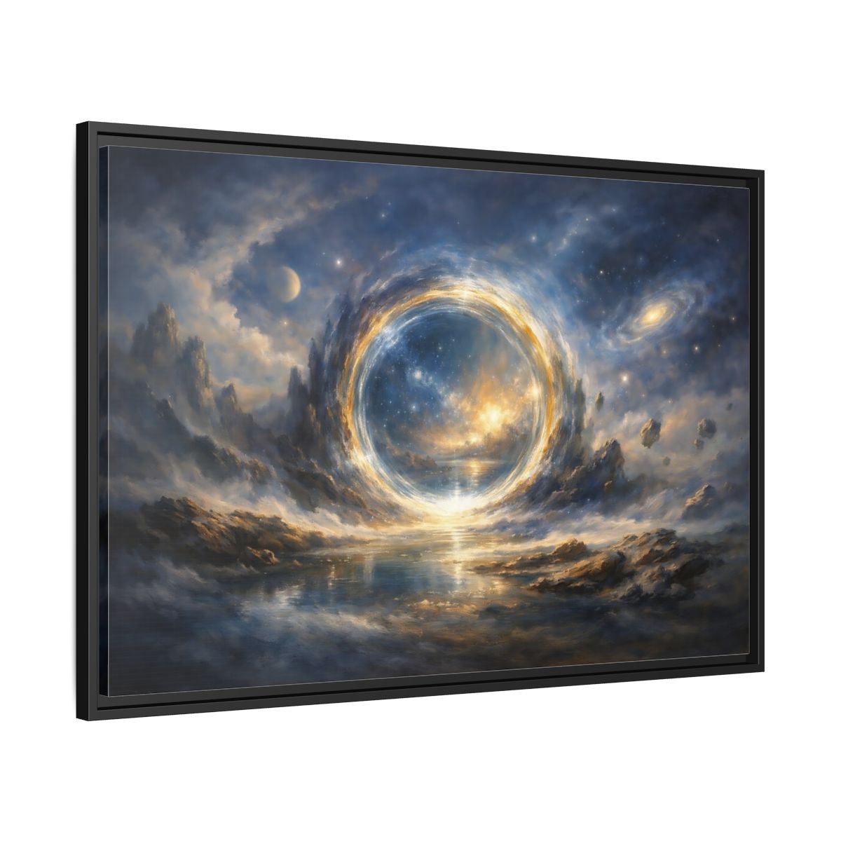 Side Mockup 13. Science Fiction Cosmic Portal Blue Gold Cosmic Portal shown as stretched canvas wall art
