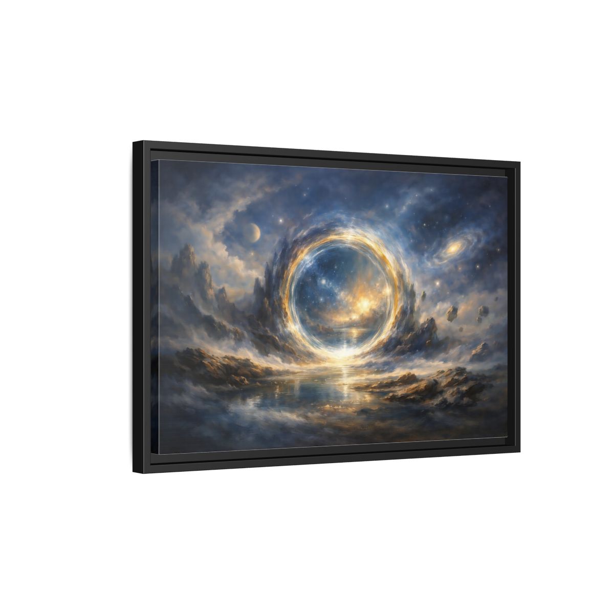 Side Mockup 3. Science Fiction Cosmic Portal Blue Gold Cosmic Portal shown as stretched canvas wall art