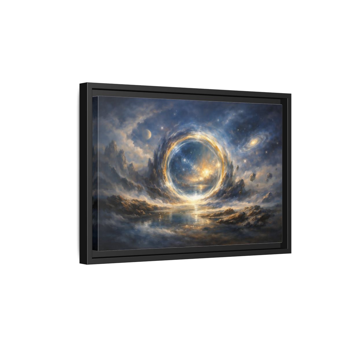 Side Mockup 6. Science Fiction Cosmic Portal Blue Gold Cosmic Portal shown as stretched canvas wall art