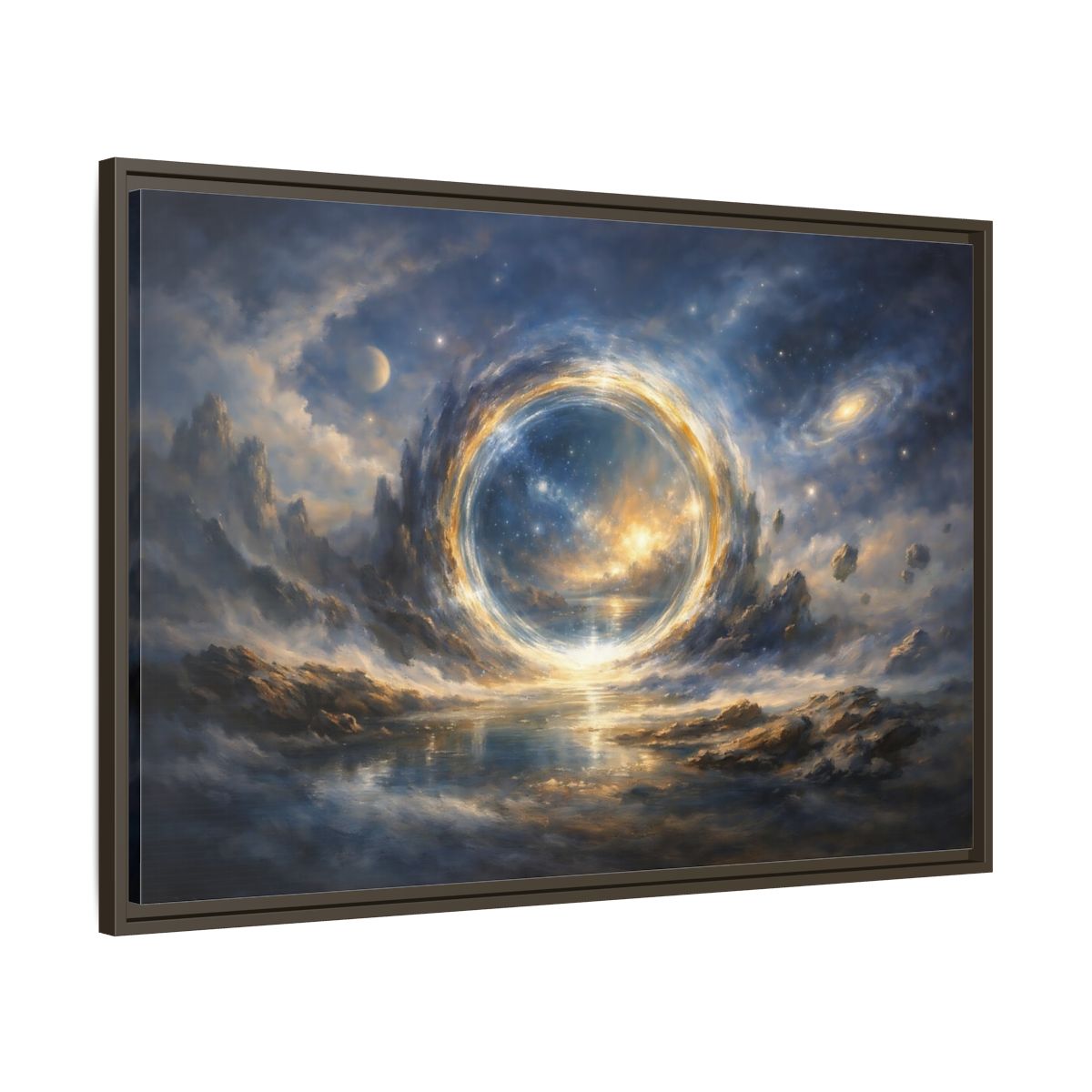 Side Mockup 9. Science Fiction Cosmic Portal Blue Gold Cosmic Portal shown as stretched canvas wall art