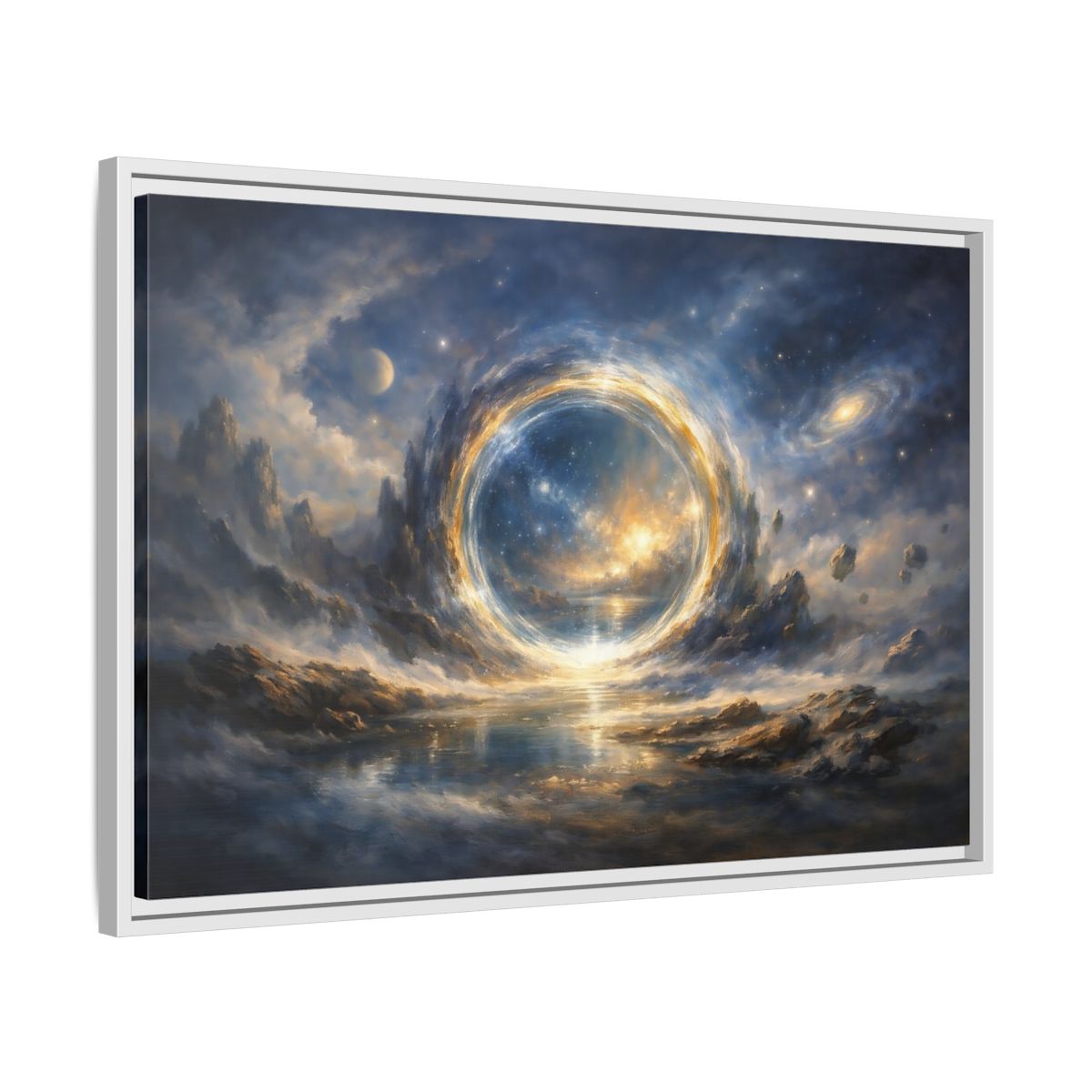 Side Mockup 10. Science Fiction Cosmic Portal Blue Gold Cosmic Portal shown as stretched canvas wall art