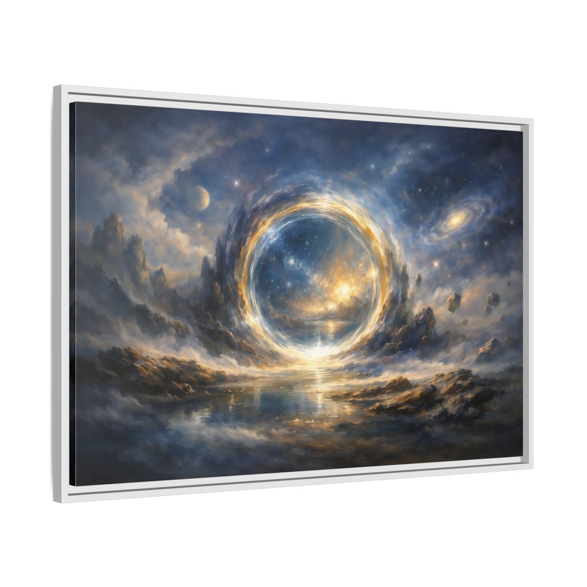 Side Mockup 8. Science Fiction Cosmic Portal Blue Gold Cosmic Portal shown as stretched canvas wall art