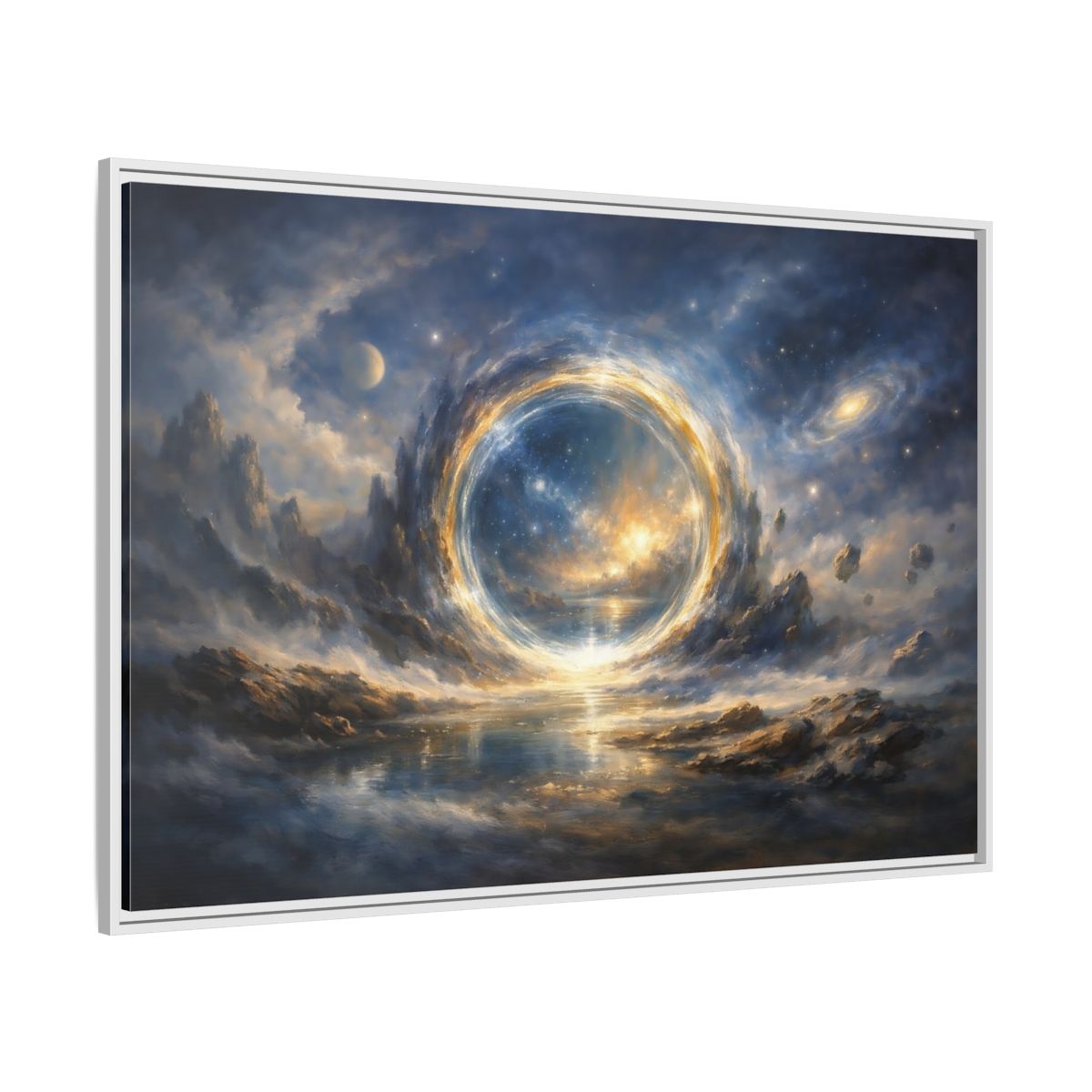 Side Mockup 7. Science Fiction Cosmic Portal Blue Gold Cosmic Portal shown as stretched canvas wall art