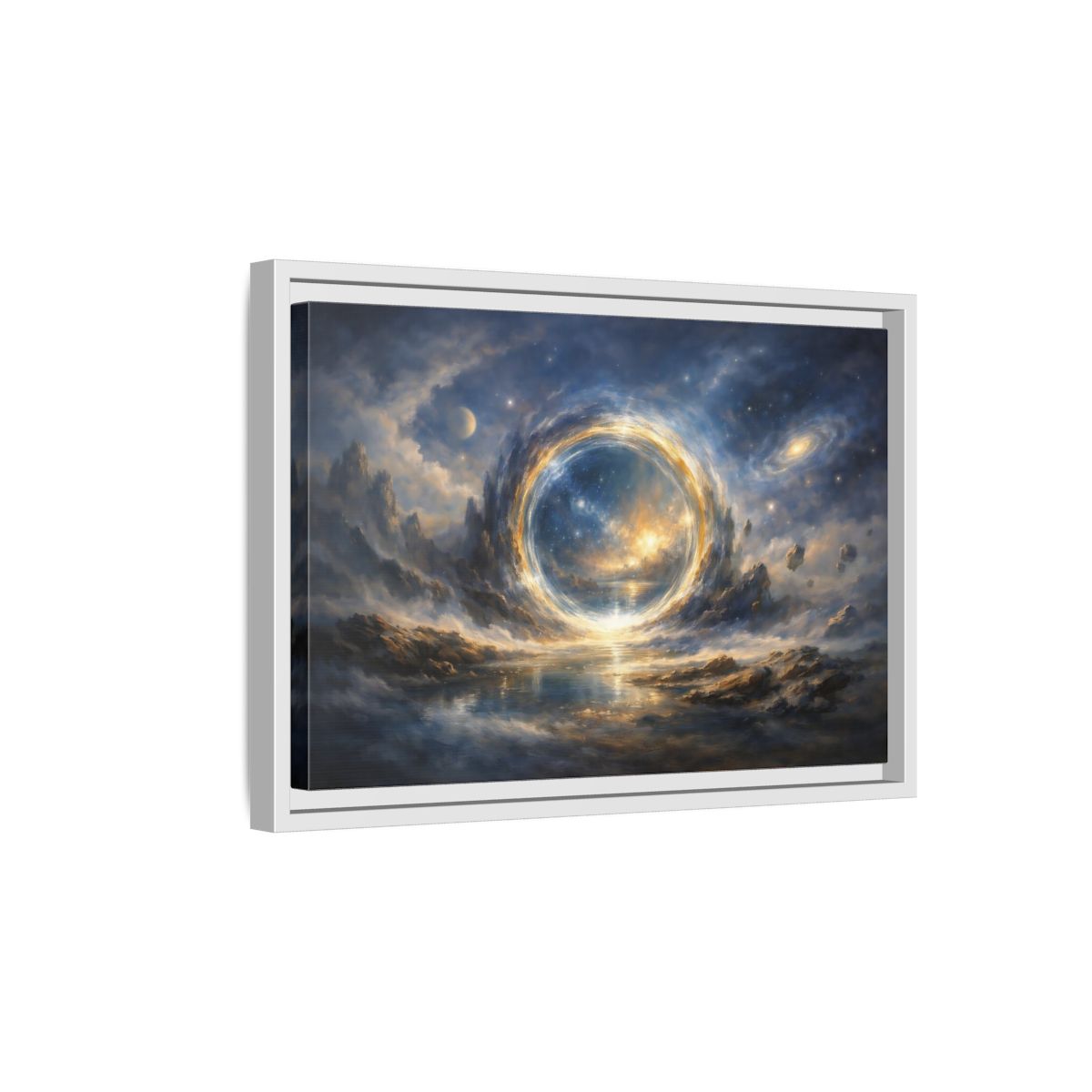 Side Mockup 4. Science Fiction Cosmic Portal Blue Gold Cosmic Portal shown as stretched canvas wall art