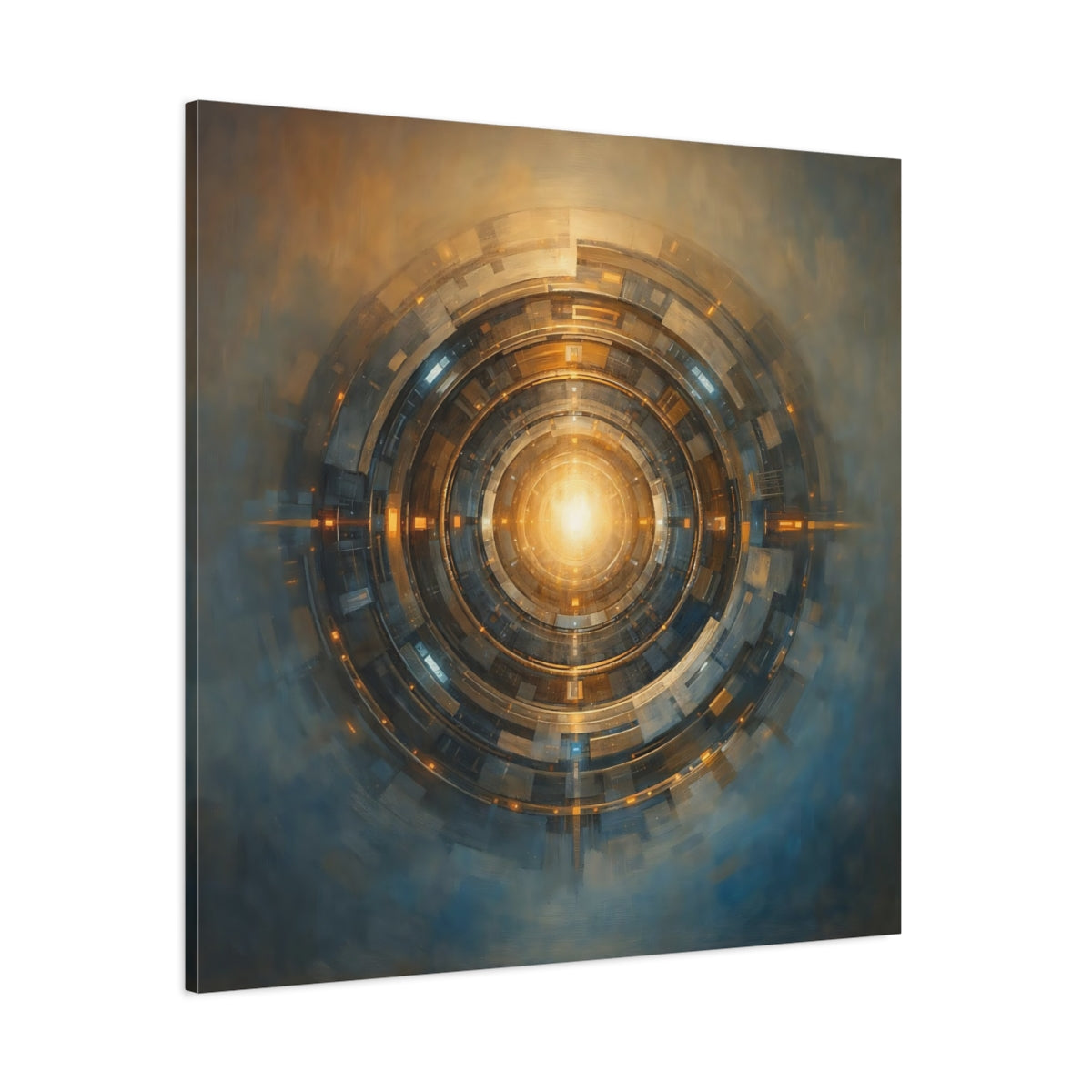 Main Mockup. Science Fiction Cosmic Portal Gold And Blue shown as stretched canvas wall art