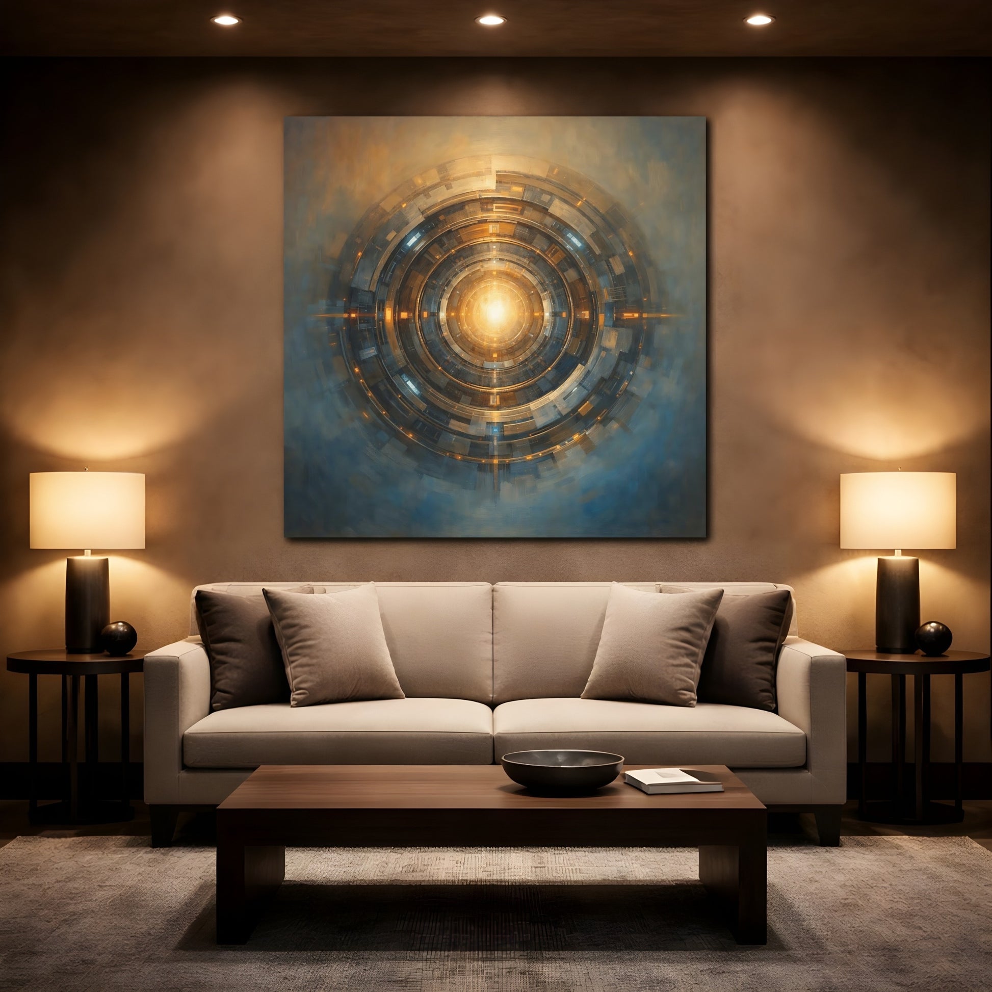 Mockup 2. Science Fiction Cosmic Portal Gold And Blue shown as stretched canvas wall art