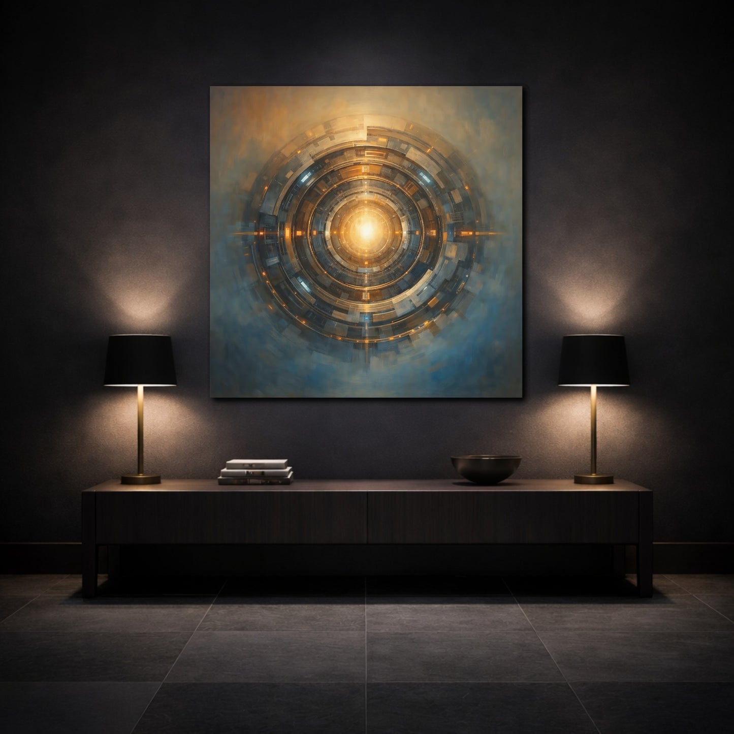 Mockup 3. Science Fiction Cosmic Portal Gold And Blue shown as stretched canvas wall art