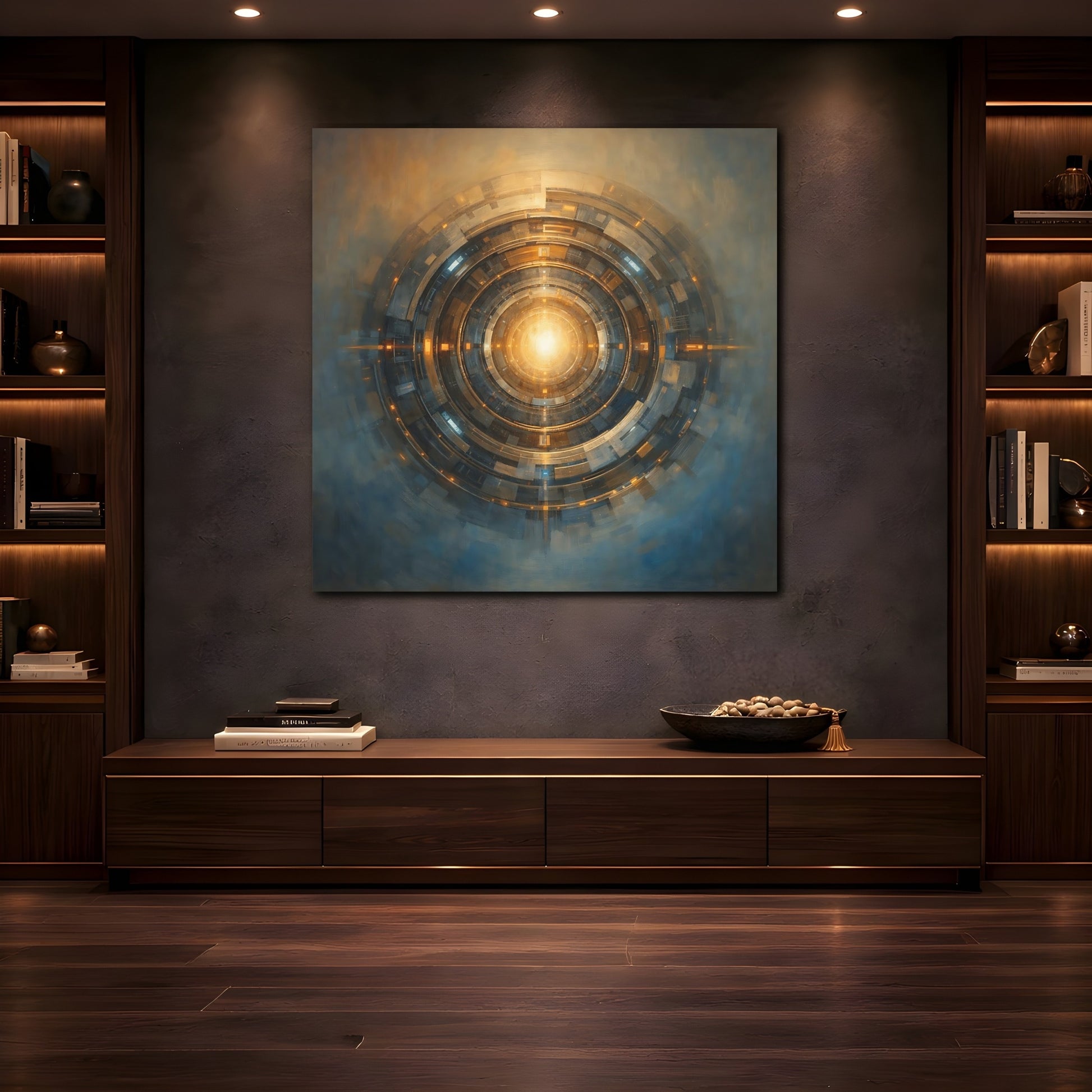 Mockup 4. Science Fiction Cosmic Portal Gold And Blue shown as stretched canvas wall art