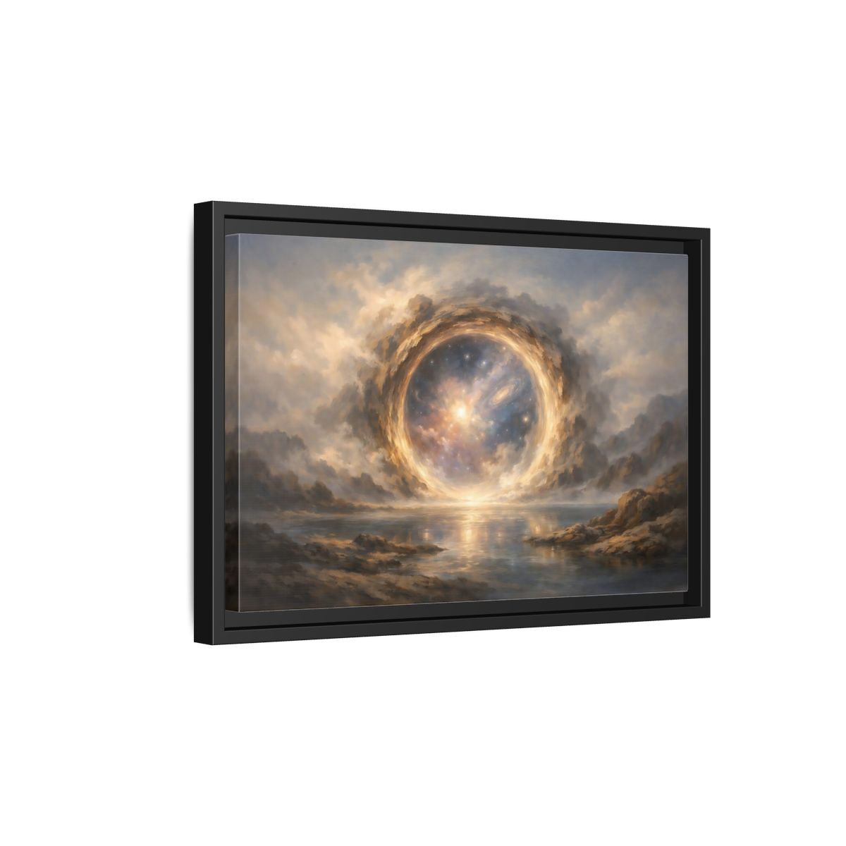 Side Mockup 6. Science Fiction Cosmic Portal Gold Blue Galaxy shown as stretched canvas wall art