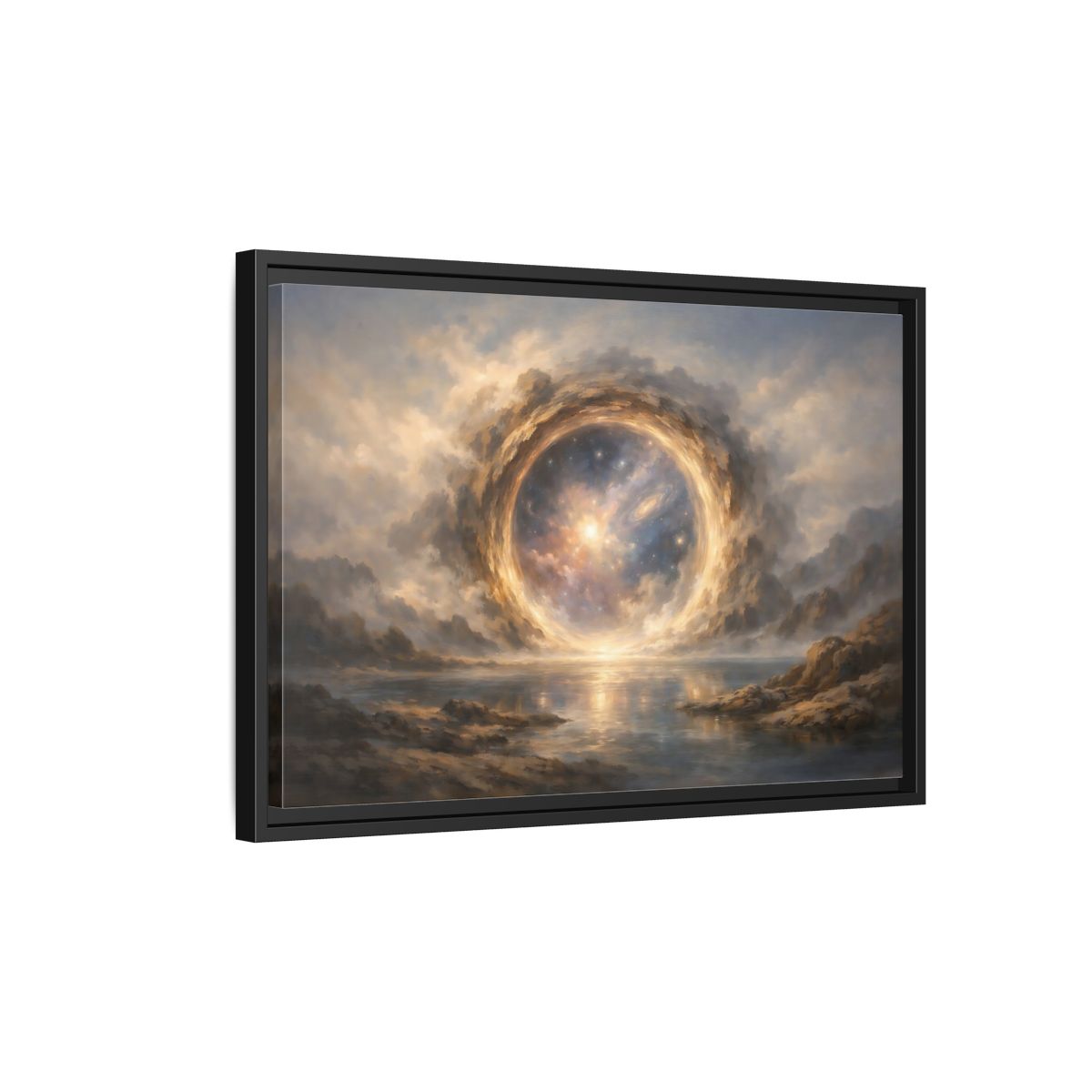 Side Mockup 3. Science Fiction Cosmic Portal Gold Blue Galaxy shown as stretched canvas wall art