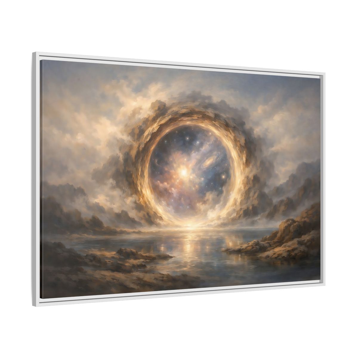Side Mockup 7. Science Fiction Cosmic Portal Gold Blue Galaxy shown as stretched canvas wall art