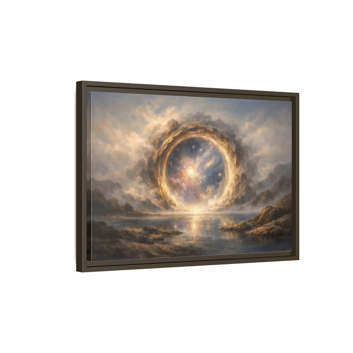Side Mockup 2. Science Fiction Cosmic Portal Gold Blue Galaxy shown as stretched canvas wall art