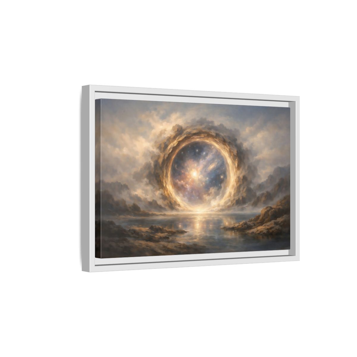Side Mockup 4. Science Fiction Cosmic Portal Gold Blue Galaxy shown as stretched canvas wall art