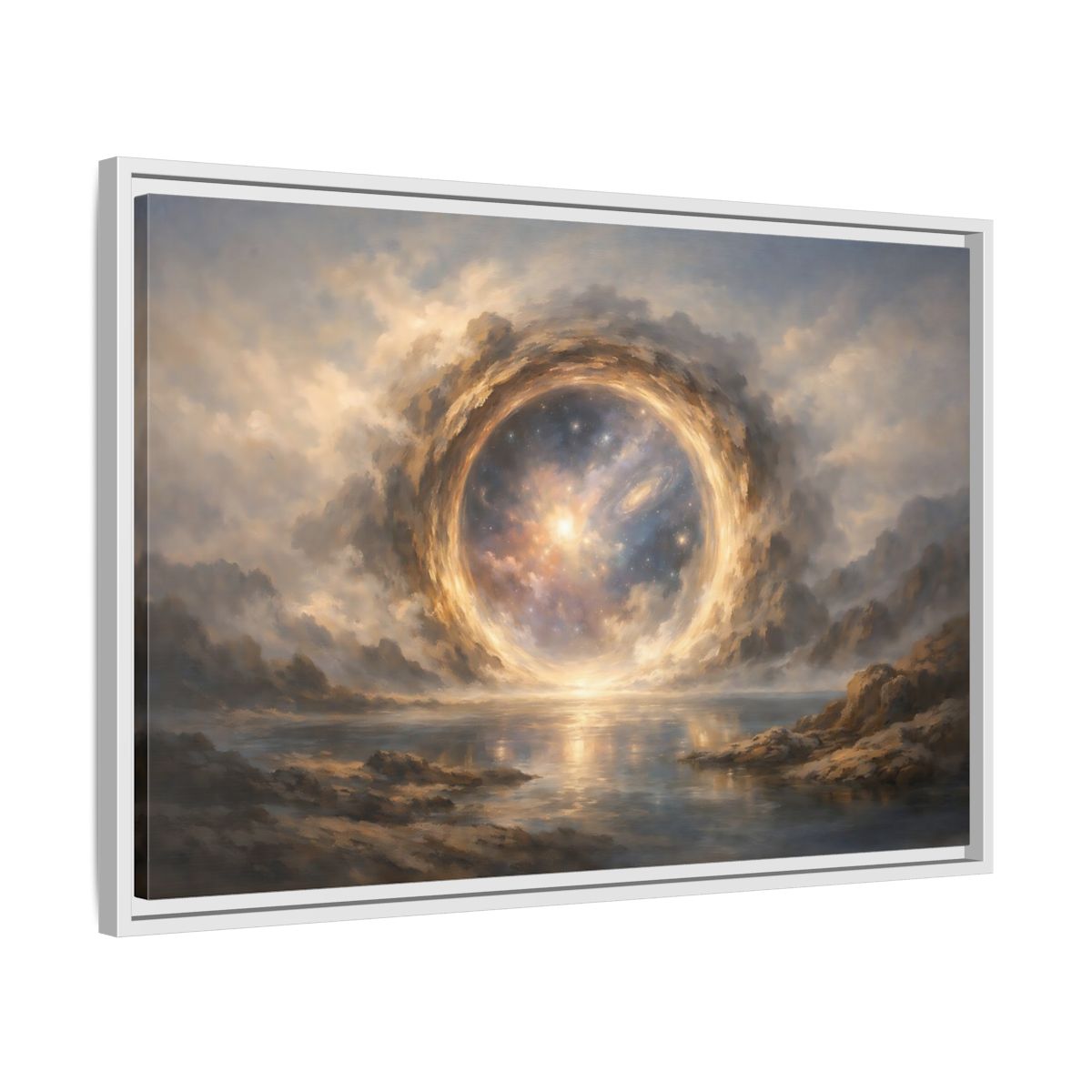 Side Mockup 10. Science Fiction Cosmic Portal Gold Blue Galaxy shown as stretched canvas wall art