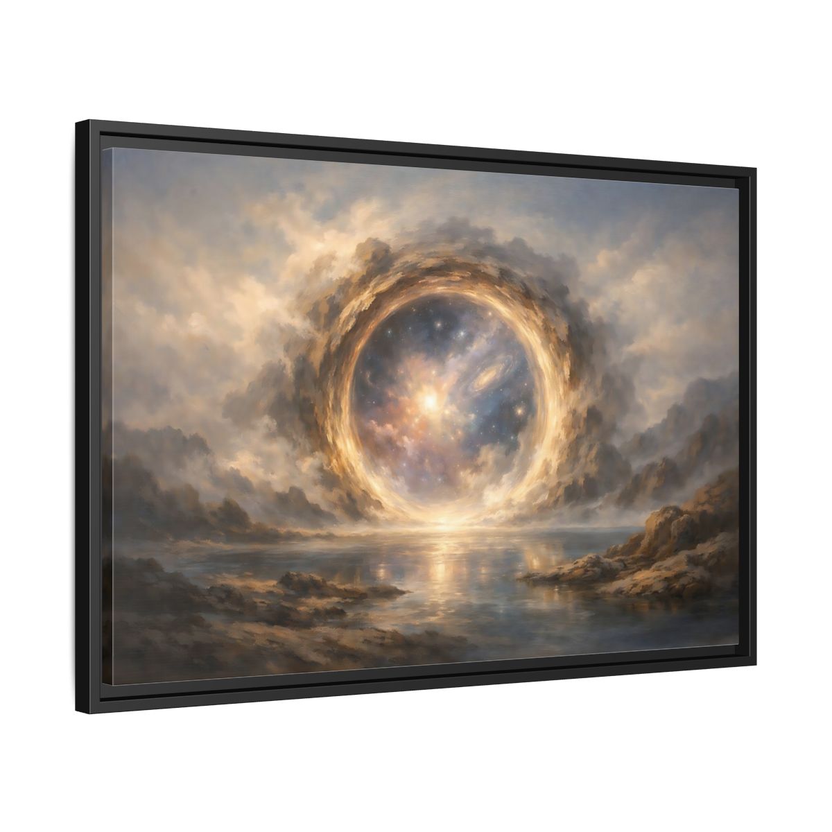 Side Mockup 14. Science Fiction Cosmic Portal Gold Blue Galaxy shown as stretched canvas wall art
