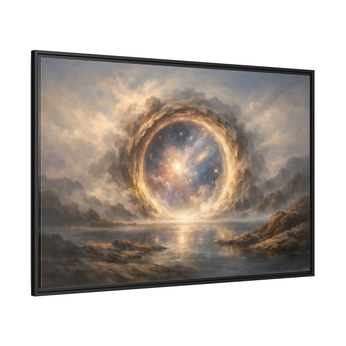 Side Mockup 12. Science Fiction Cosmic Portal Gold Blue Galaxy shown as stretched canvas wall art
