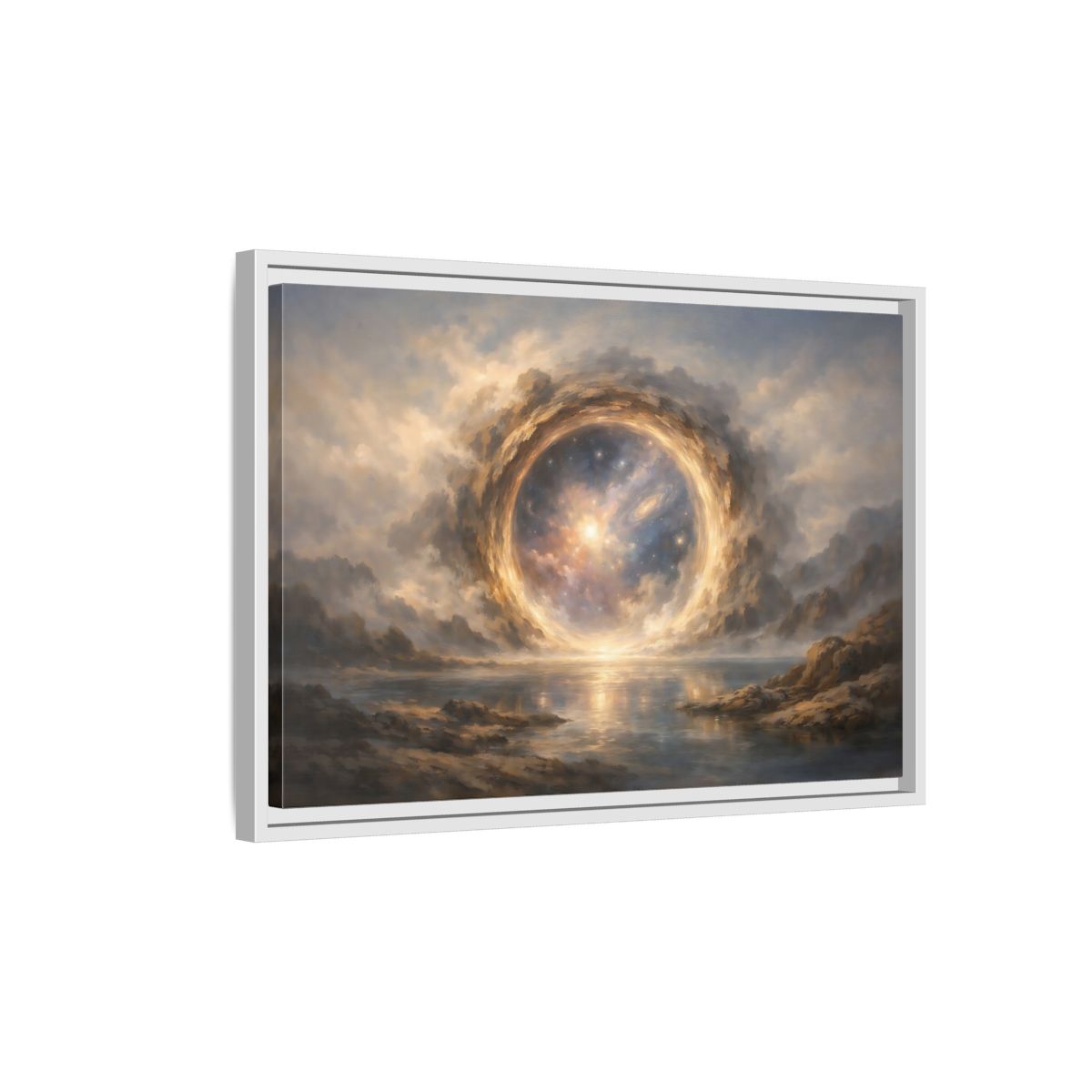 Side Mockup 1. Science Fiction Cosmic Portal Gold Blue Galaxy shown as stretched canvas wall art