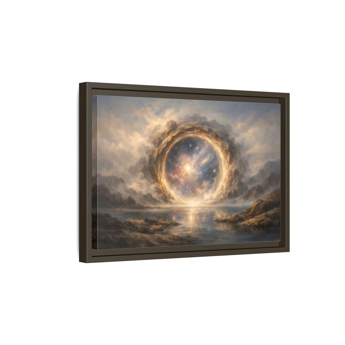 Side Mockup 5. Science Fiction Cosmic Portal Gold Blue Galaxy shown as stretched canvas wall art