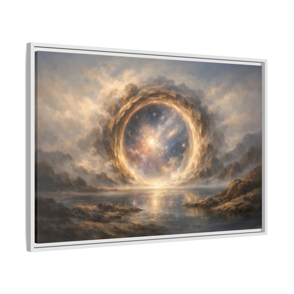 Side Mockup 8. Science Fiction Cosmic Portal Gold Blue Galaxy shown as stretched canvas wall art