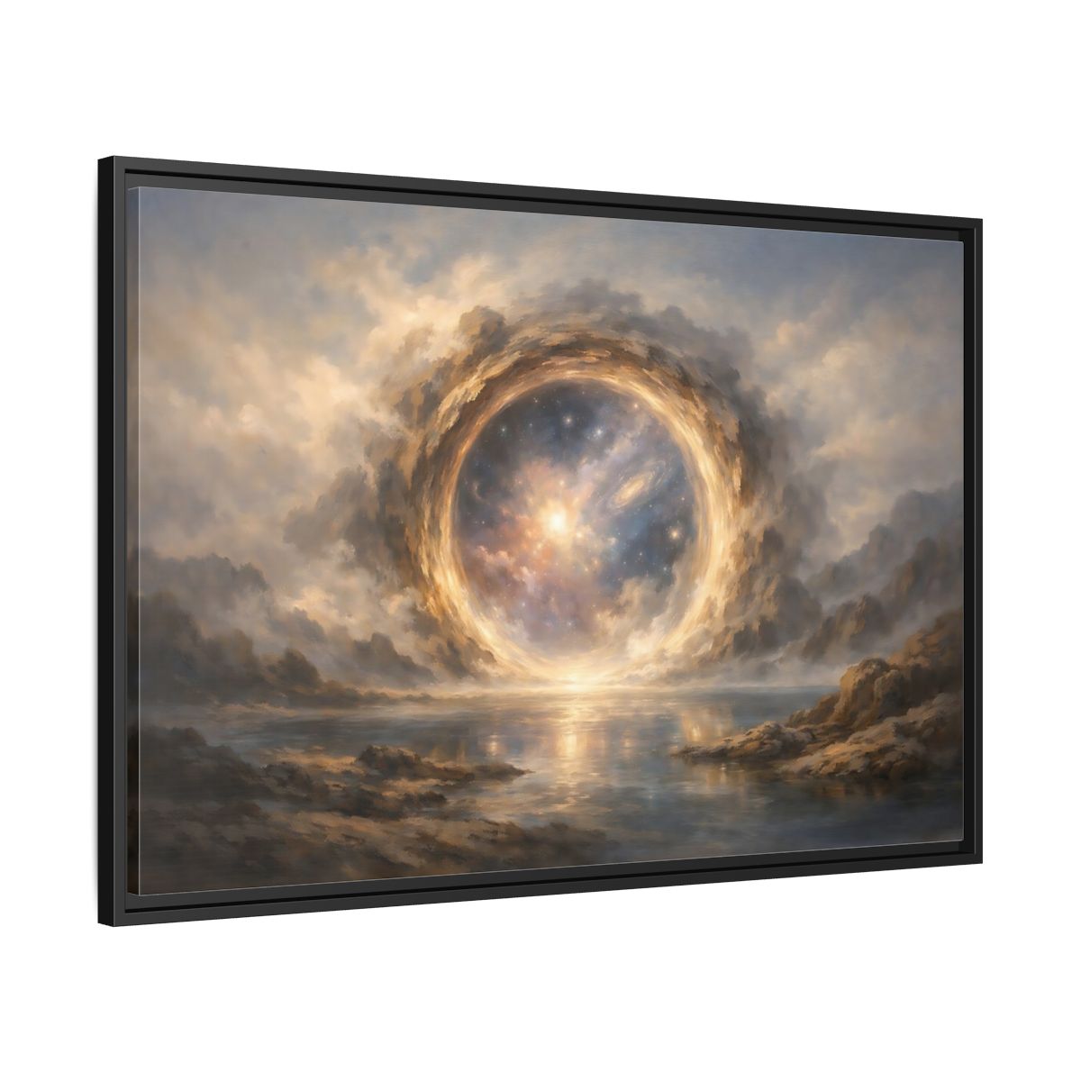 Side Mockup 13. Science Fiction Cosmic Portal Gold Blue Galaxy shown as stretched canvas wall art