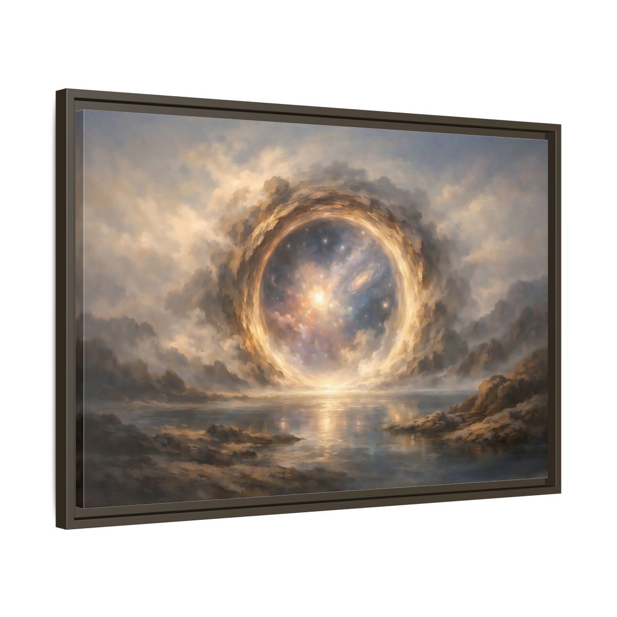 Side Mockup 11. Science Fiction Cosmic Portal Gold Blue Galaxy shown as stretched canvas wall art