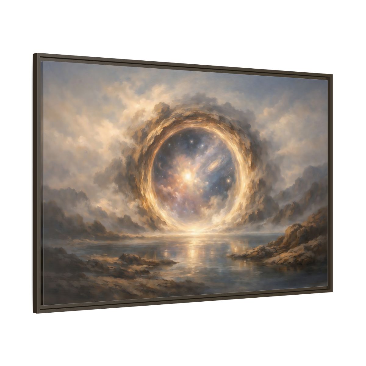Main Mockup. Science Fiction Cosmic Portal Gold Blue Galaxy shown as stretched canvas wall art