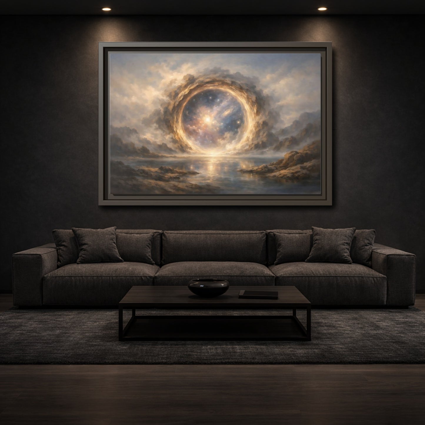 Mockup 2. Science Fiction Cosmic Portal Gold Blue Galaxy shown as stretched canvas wall art