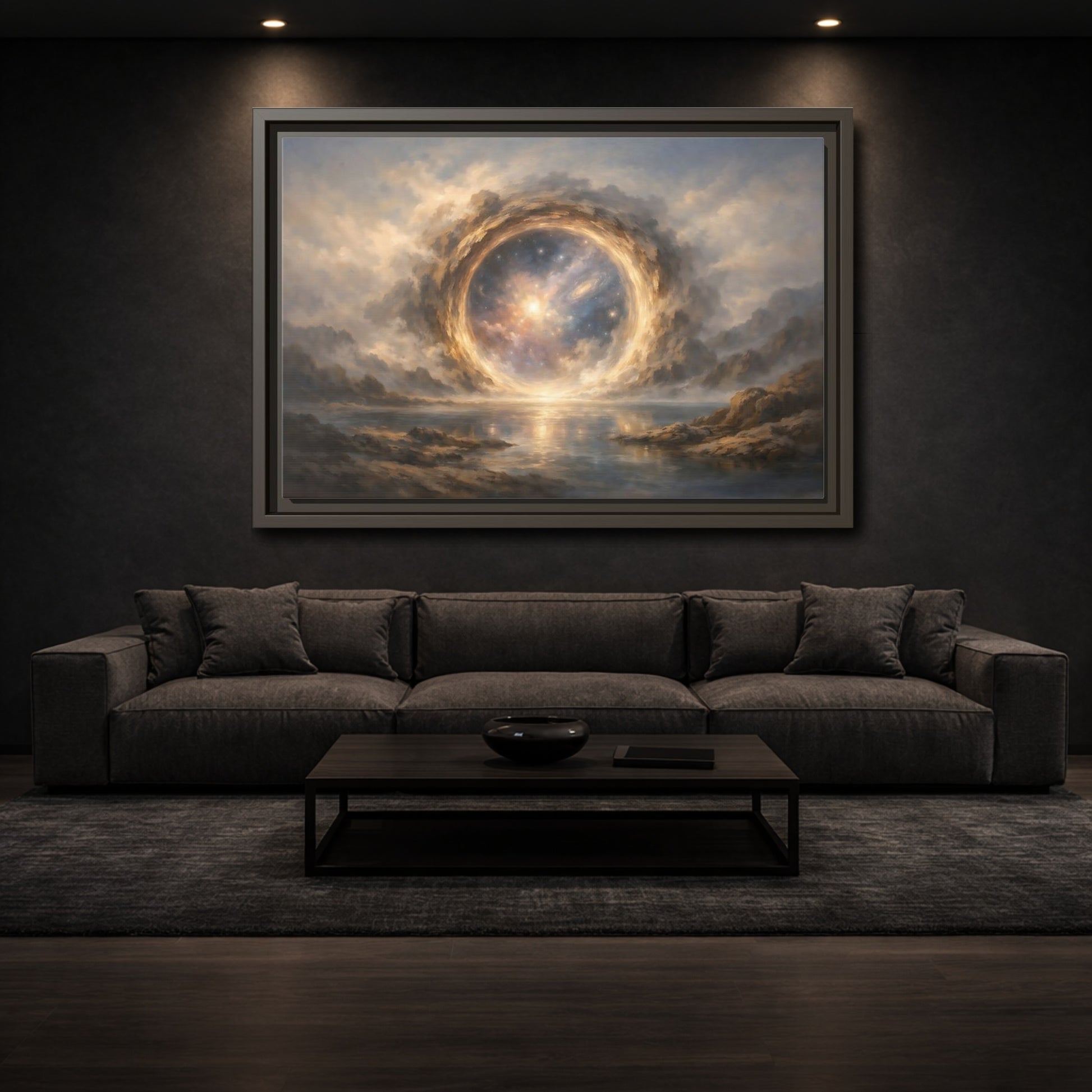 Mockup 2. Science Fiction Cosmic Portal Gold Blue Galaxy shown as stretched canvas wall art